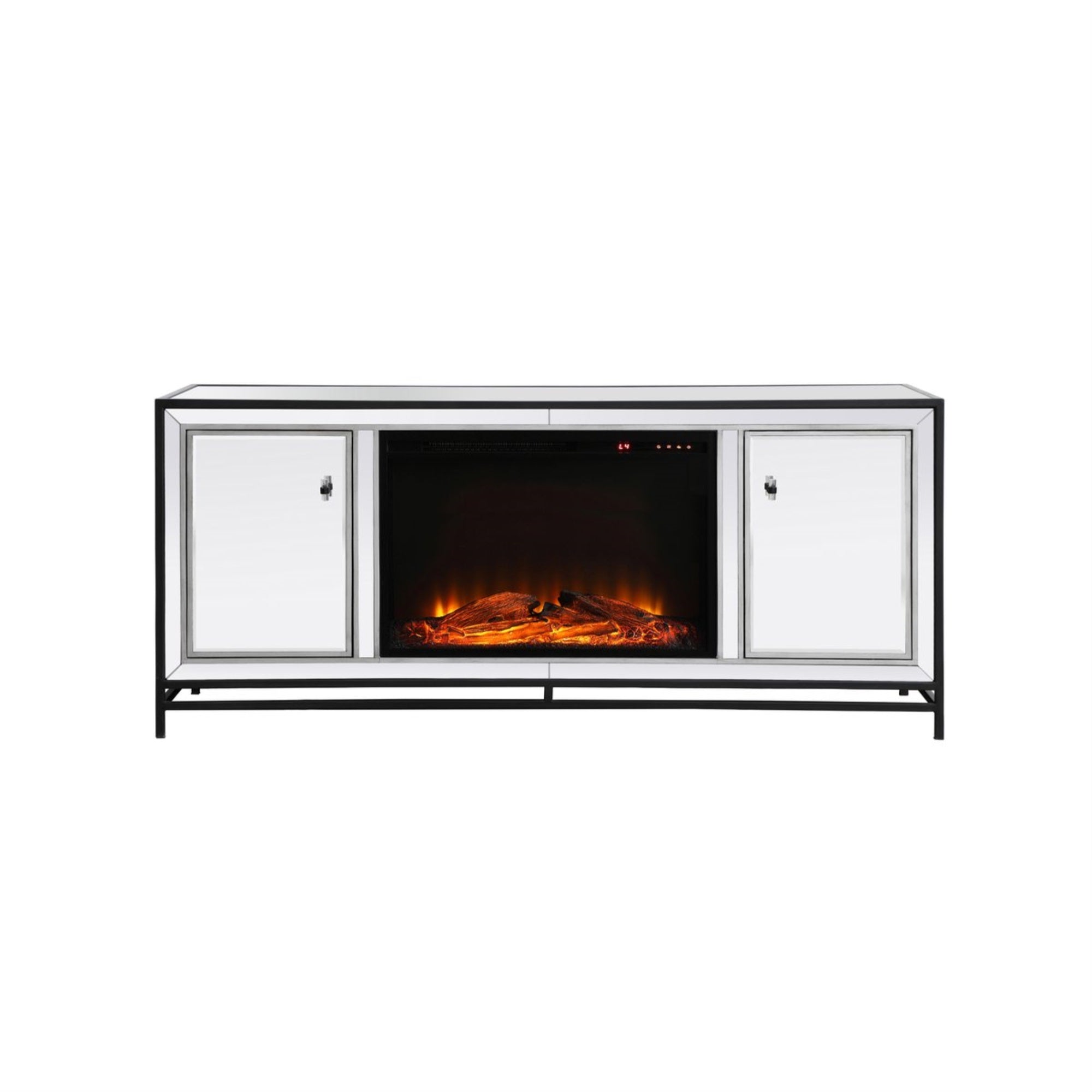 James 60 In. Mirrored Tv Stand With Wood Fireplace In Black