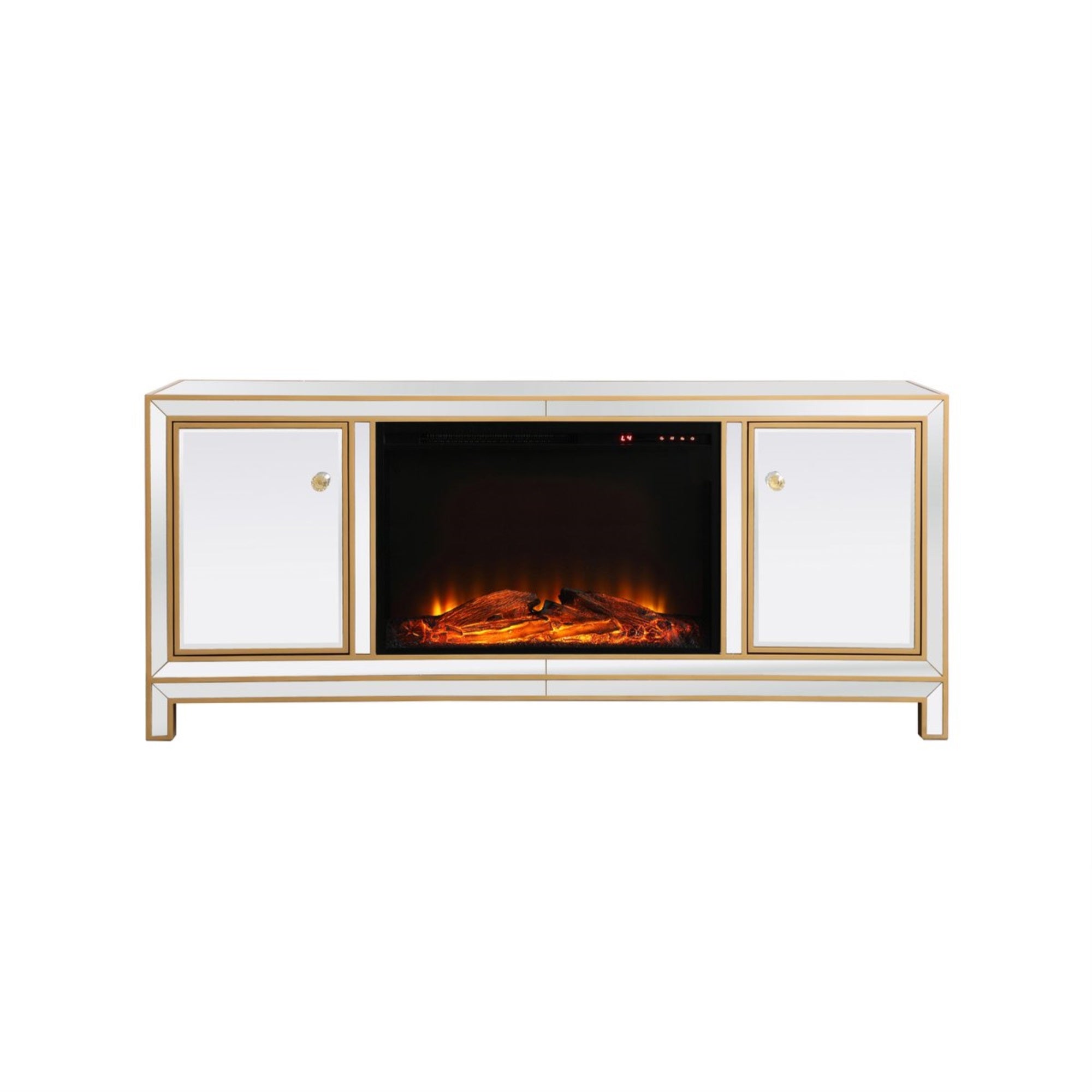 Reflexion 60 In. Mirrored Tv Stand With Wood Fireplace In Gold