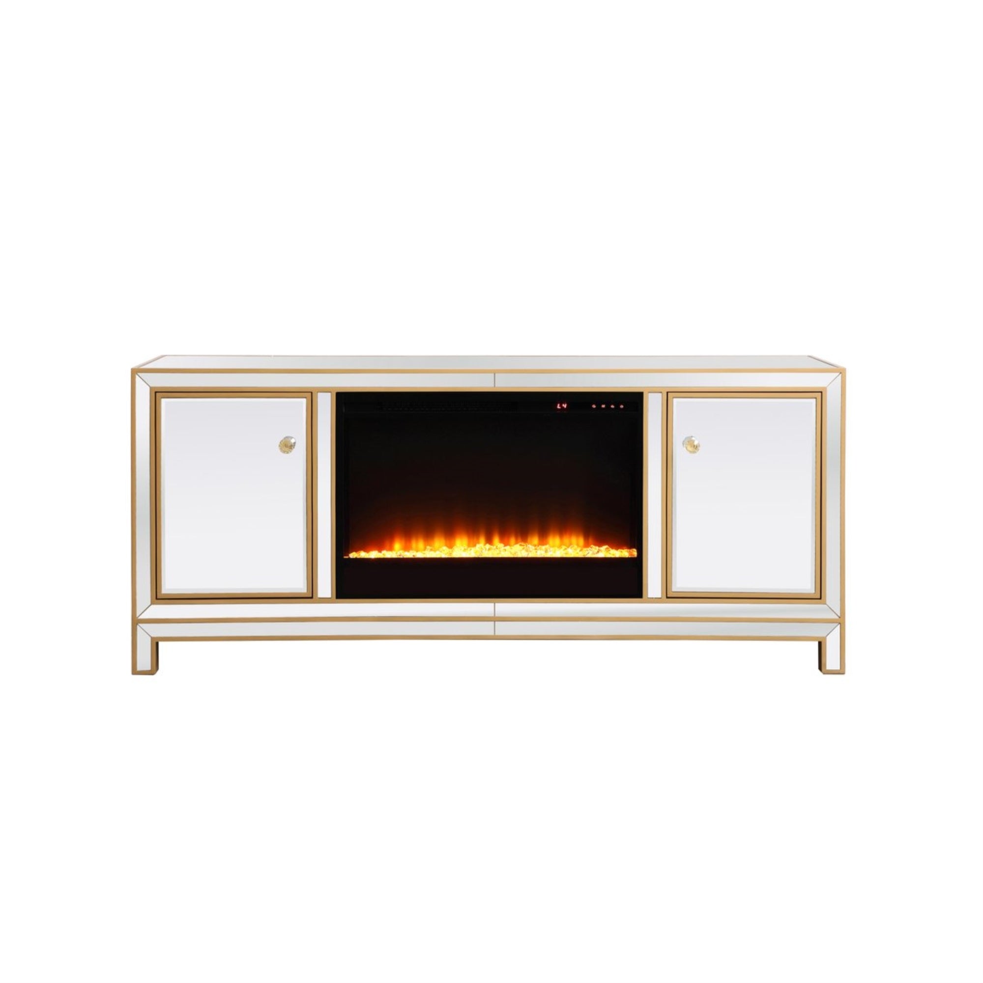 Ergode Reflexion 60' Mirrored Tv Stand With Crystal Fireplace In Gold - Sleek & Vibrant Media Cabinet With Hand-Rubbed Gold Finish, Mirrored Panels, & Crystal Knobs - Functional & Chic Storage