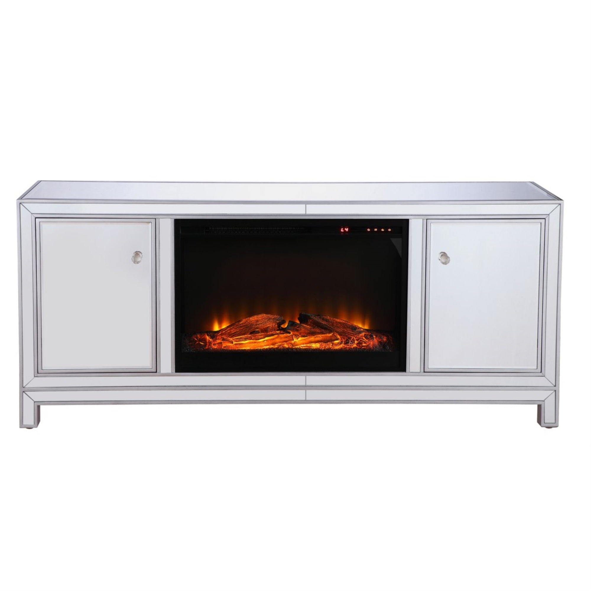 60 In. Mirrored Tv Stand With Wood Fireplace Insert In Antique Silver