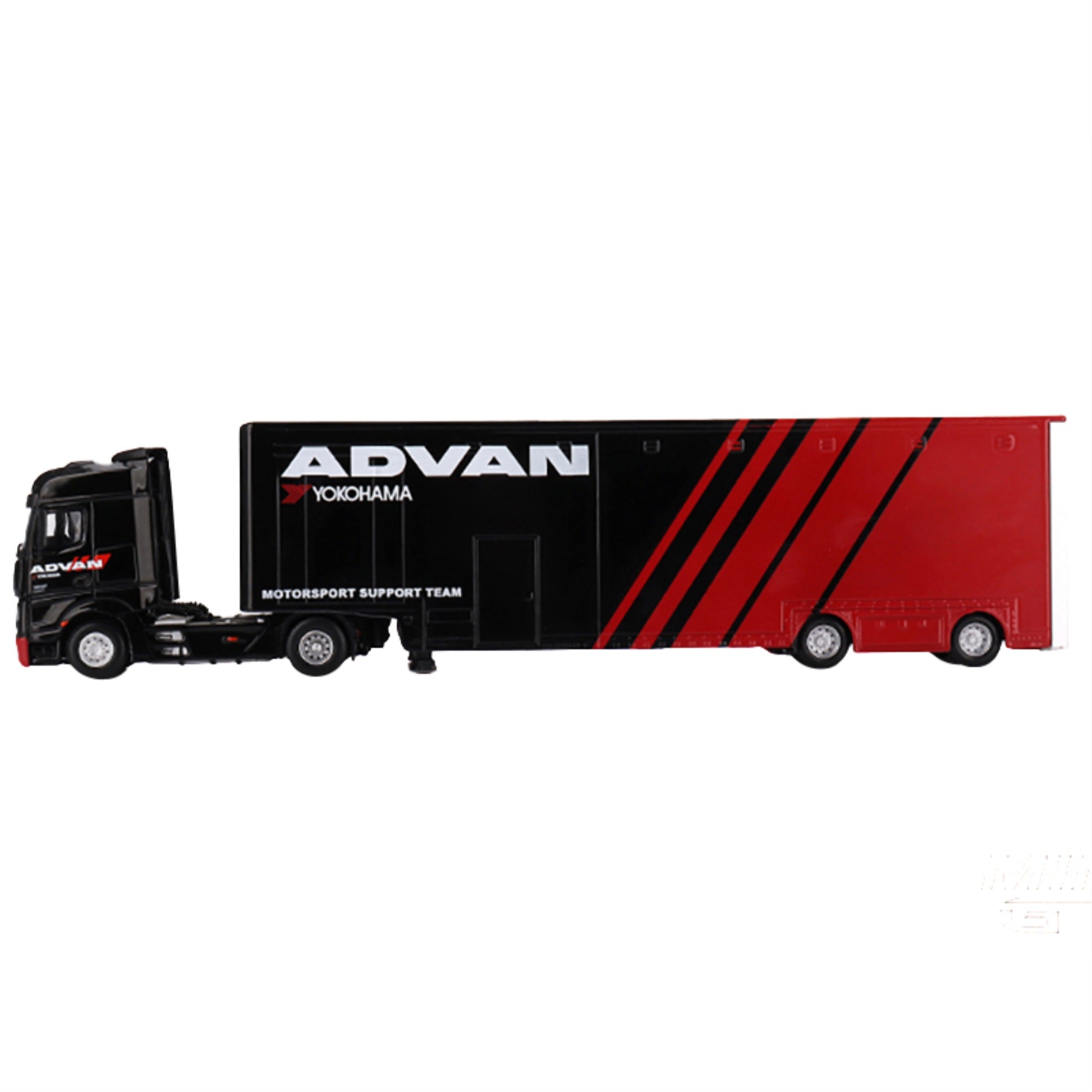 Mercedes-Benz Actros with Racing Transporter Red and Black “ADVAN” 1/64 Diecast Model Car by Mini GT