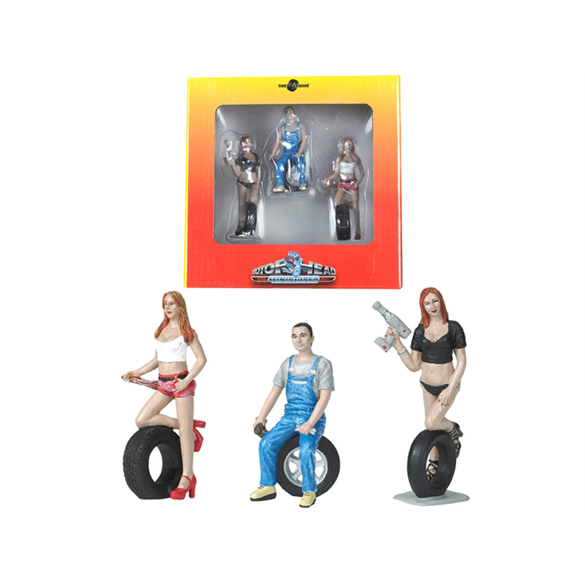 Andie, Derek And Michele Tire Brigade 3 Piece Figurine Set 1/24 By Motorhead Miniatures
