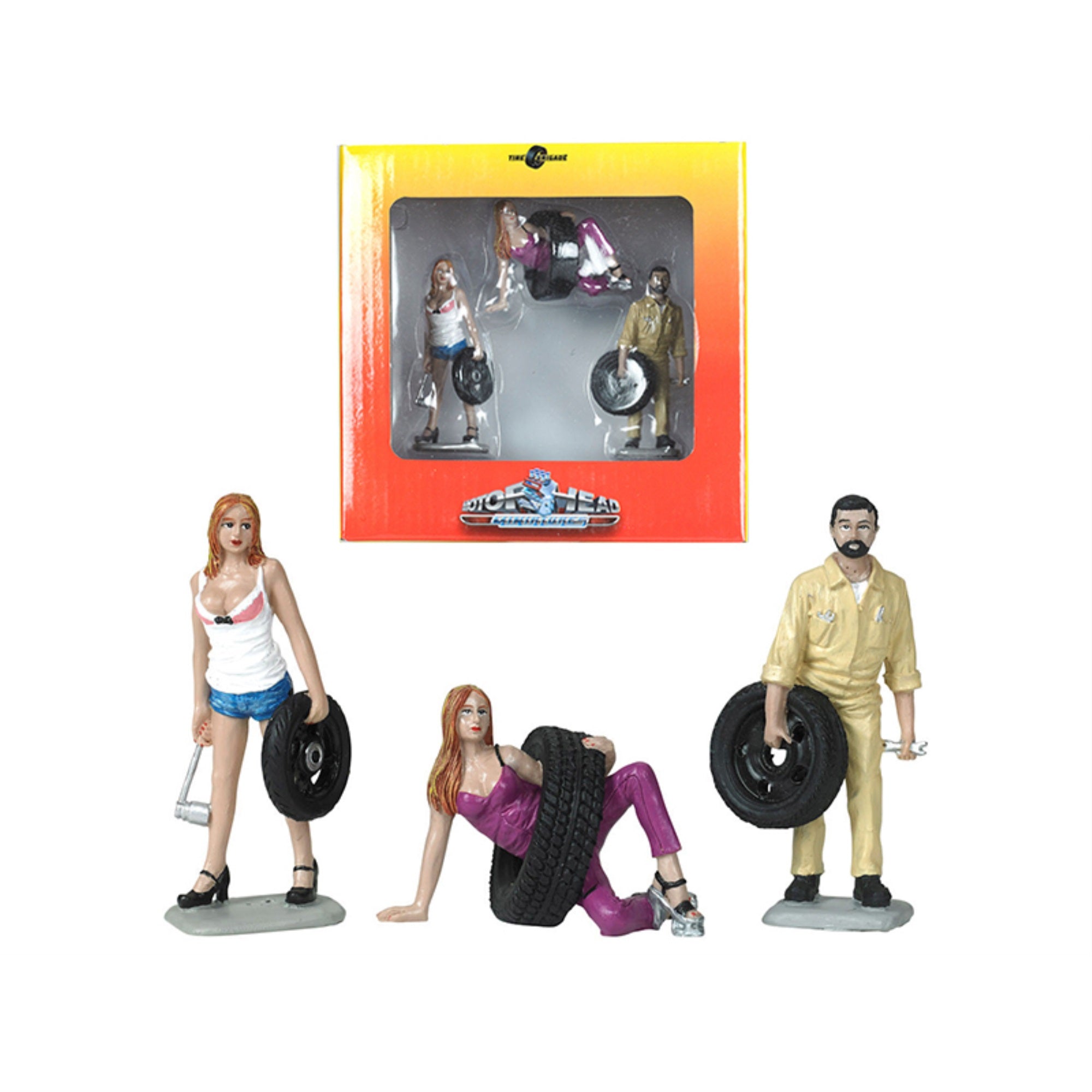 Val, Meg And Gary Tire Brigade 3 Piece Figurine Set 1/24 By Motorhead Miniatures
