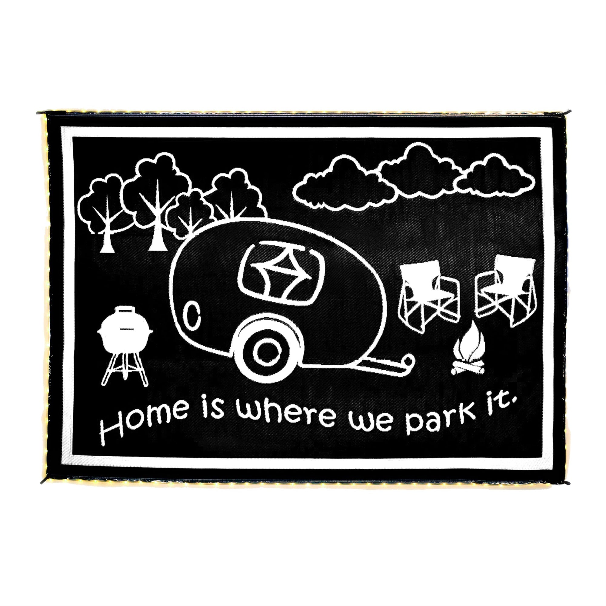 Led Illuminated Border Rv Home Mat, Stylish Camping 8-Feet X 18-Feet, Black/White