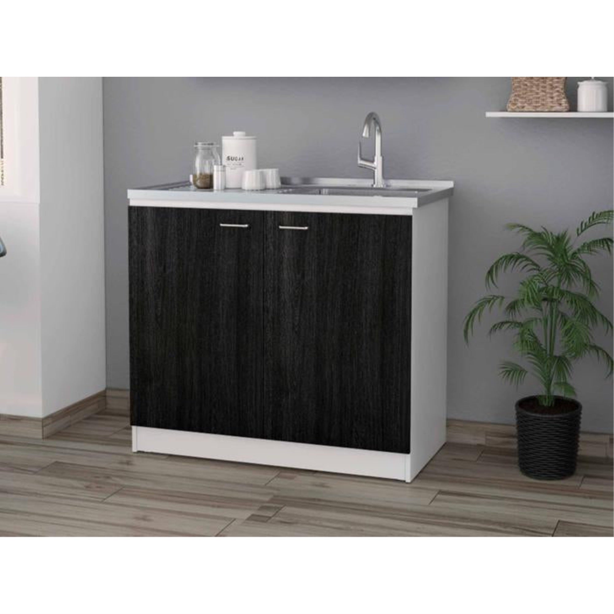 Tuhome Napoles Utility Sink With Cabinet, Aluminium Countertop, Two-Door Cabinet, Metal Handle, Sink, Two Shelves, Black, For Ki