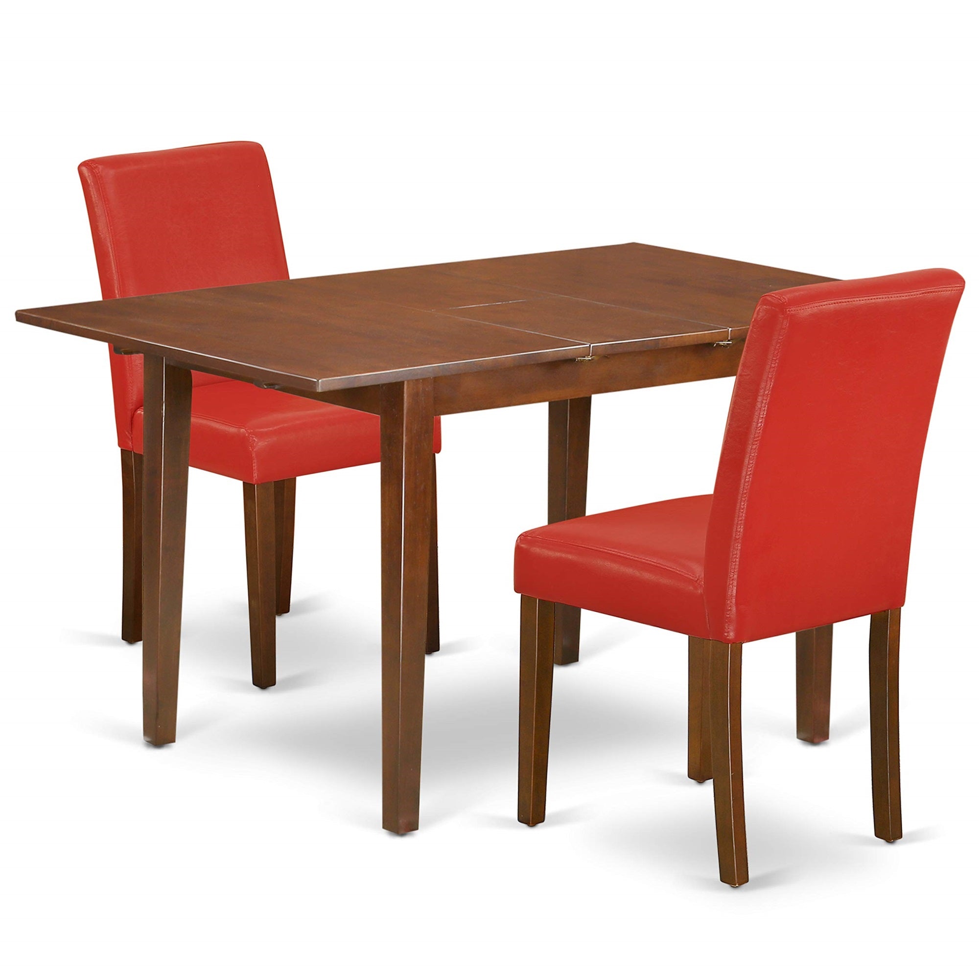 East West Furniture Mlab3-Mah-72 Milan 3 Piece Kitchen Set Contains A Rectangle Dining Room Table With Butterfly Leaf And 2 Firebrick Red Faux Leather Parsons Chairs, 36X54 Inch