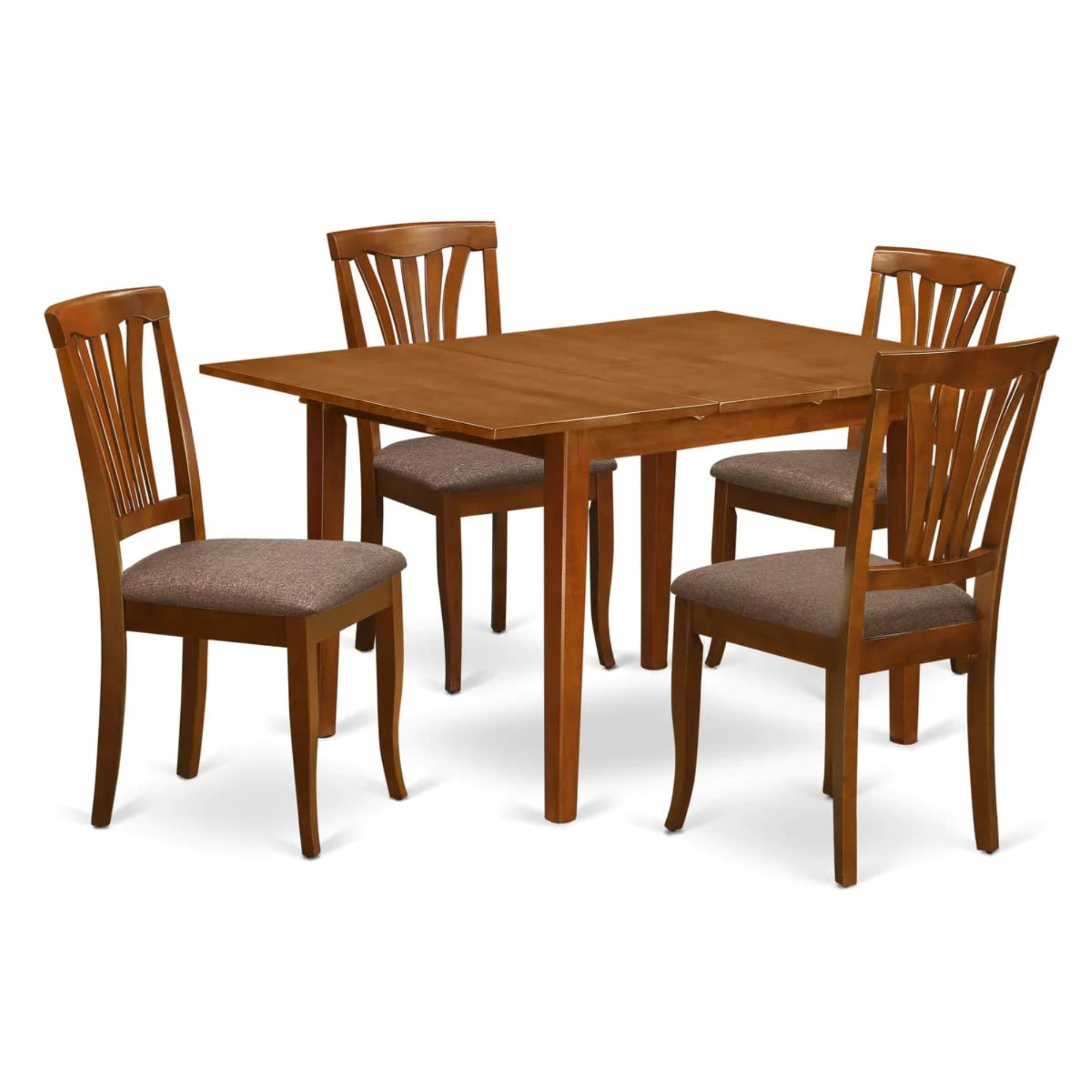 Ergode Mlav5-Sbr-C Kitchen Table Set, 5-Piece Dinette, 4 Dining Chairs, Butterfly Leaf, Linen Fabric Seat, Slatted Back, Rectangular Table, Saddle Brown, High-Quality, Easy Assembly, 36X54 Inch