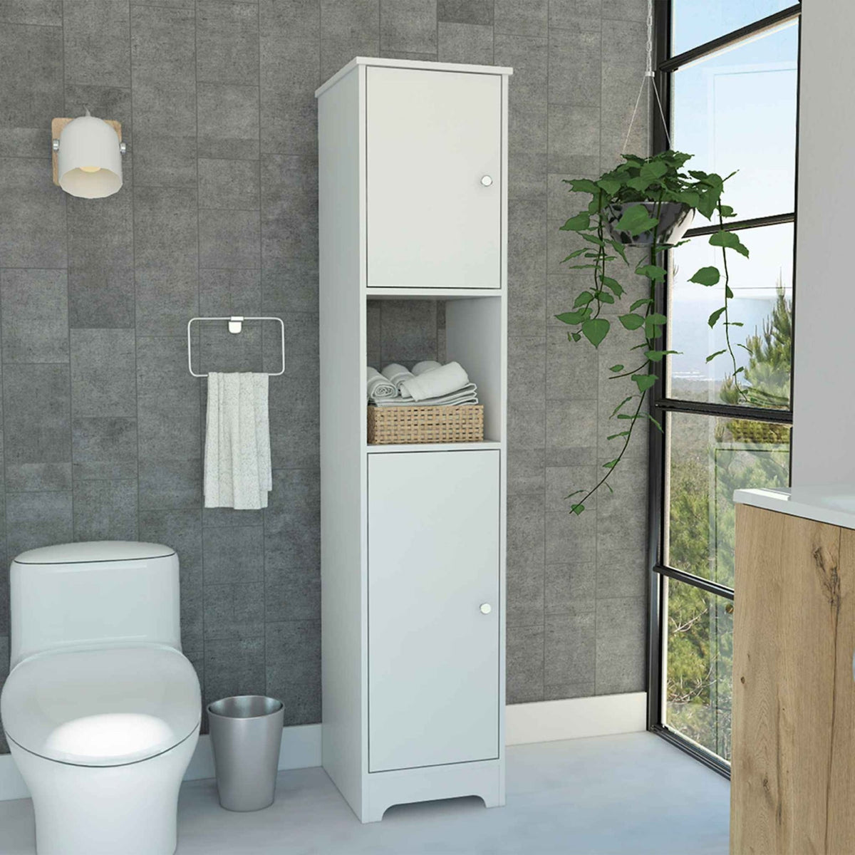 Tuhome Ibis Linen Cabinet, Two Doors, Four Internal Shelves, Two Cabinets, One Open Shelf, White, For Bathroom