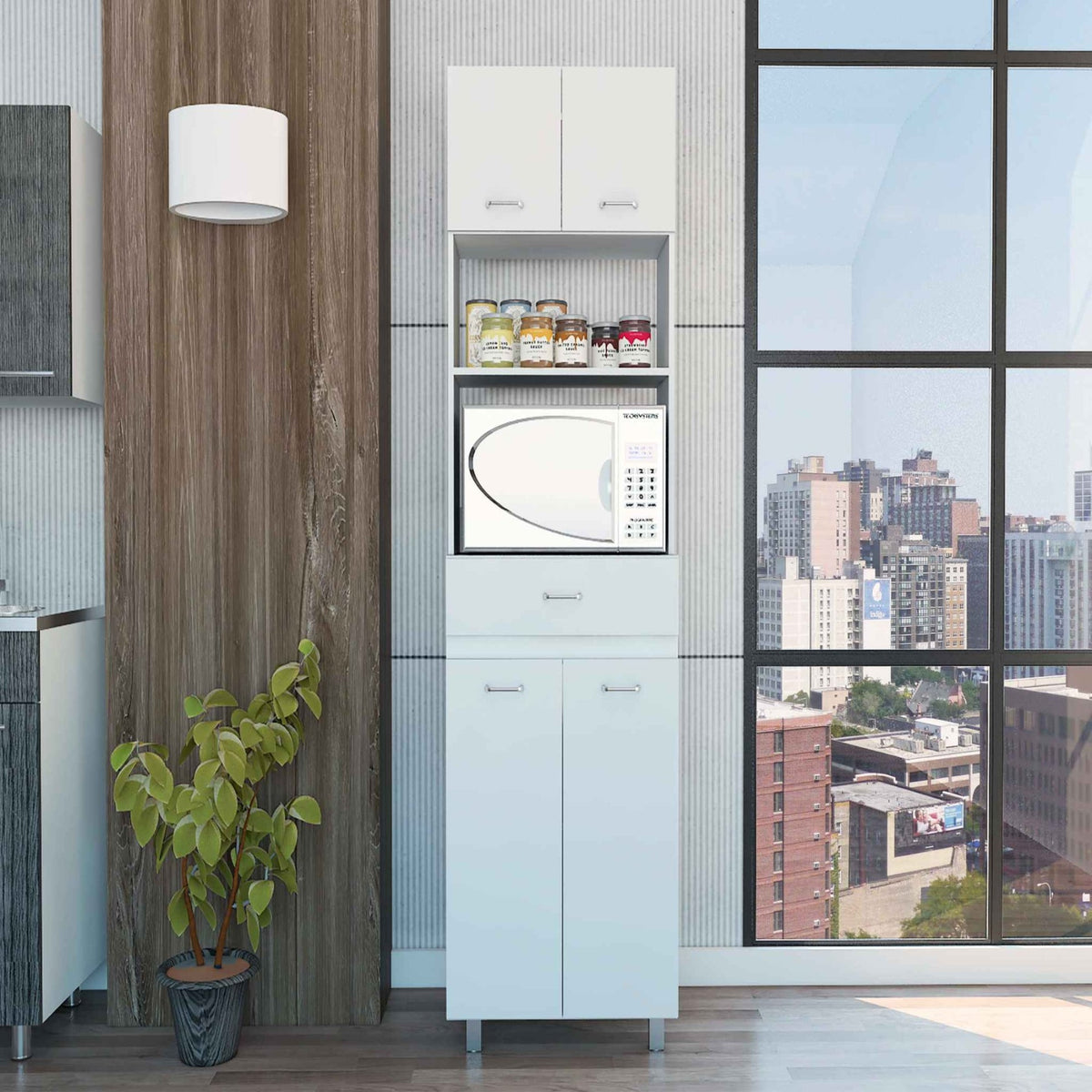 Tuhome Caribe Microwave Cabinet, Four Legs,One Drawer, Two-Doors Cabinets, One Shelf For Microwave, White, For Kitchen Room