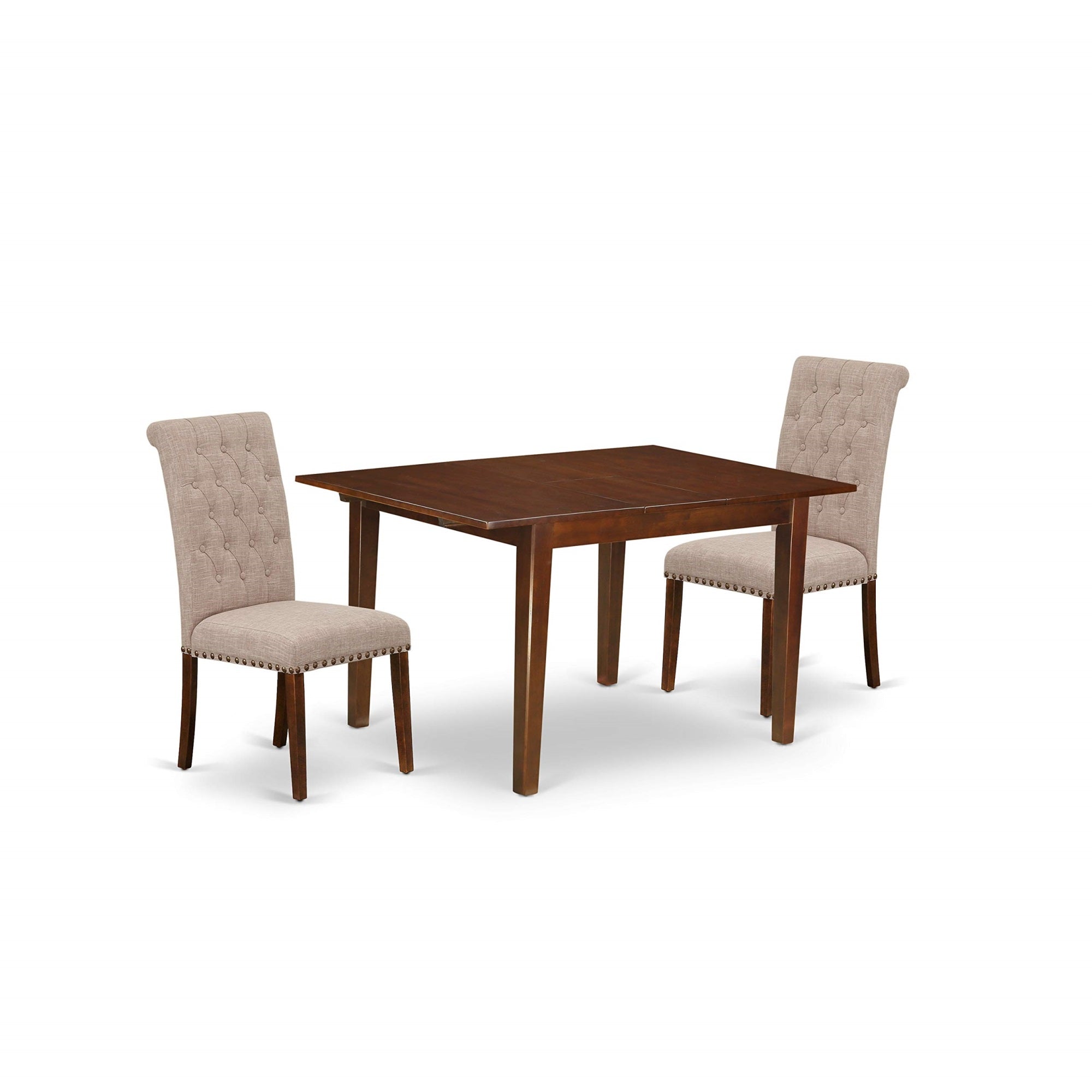 East West Furniture Mlbr3-Mah-04 Milan 3 Piece Set Contains A Rectangle Dining Room Table With Butterfly Leaf And 2 Light Tan Linen Fabric Upholstered Chairs, 36X54 Inch