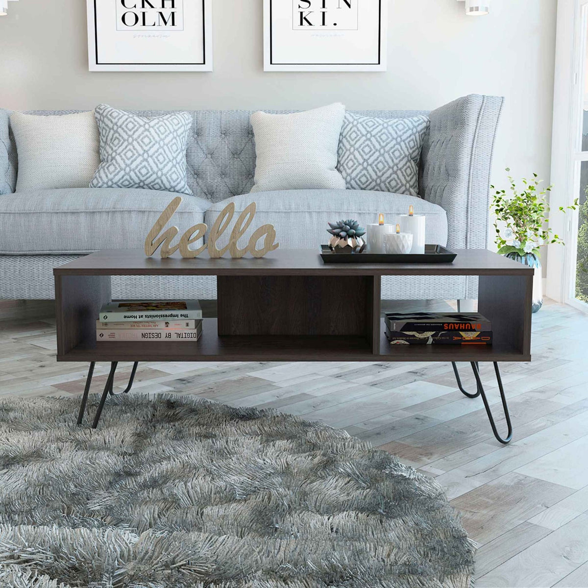 Tuhome Vassel Coffee Table, Countertop, Four Legs, Two Shelves, Espresso, For Living Room