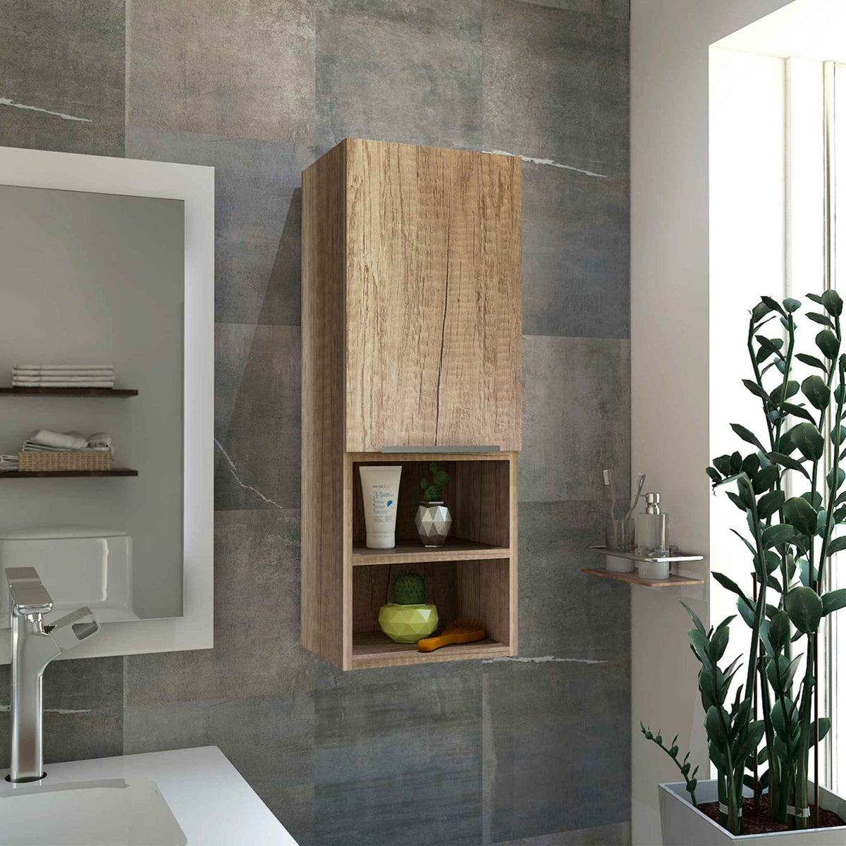 Tuhome Mila Medicine Cabinet, One-Door Cabinet,Two Internal Shelves, Two External Shelves,Weathered Oak, For Bathroom