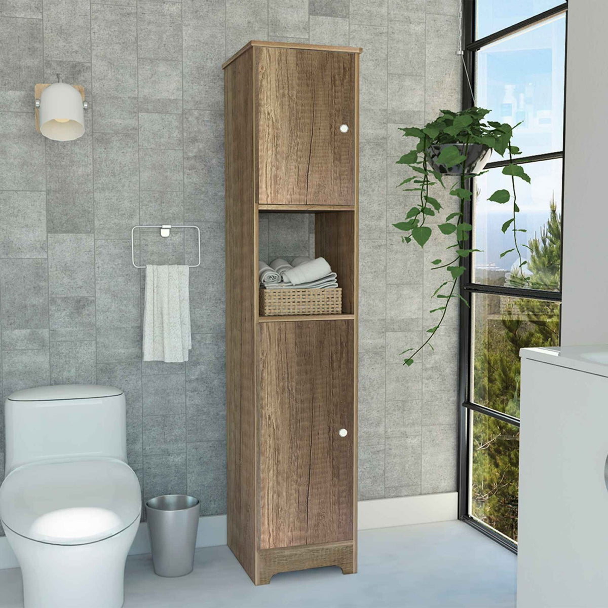 Tuhome Ibis Linen Cabinet, Two Doors, Four Internal Shelves, Two Cabinets, One Open Shelf, Light Oak, For Bathroom