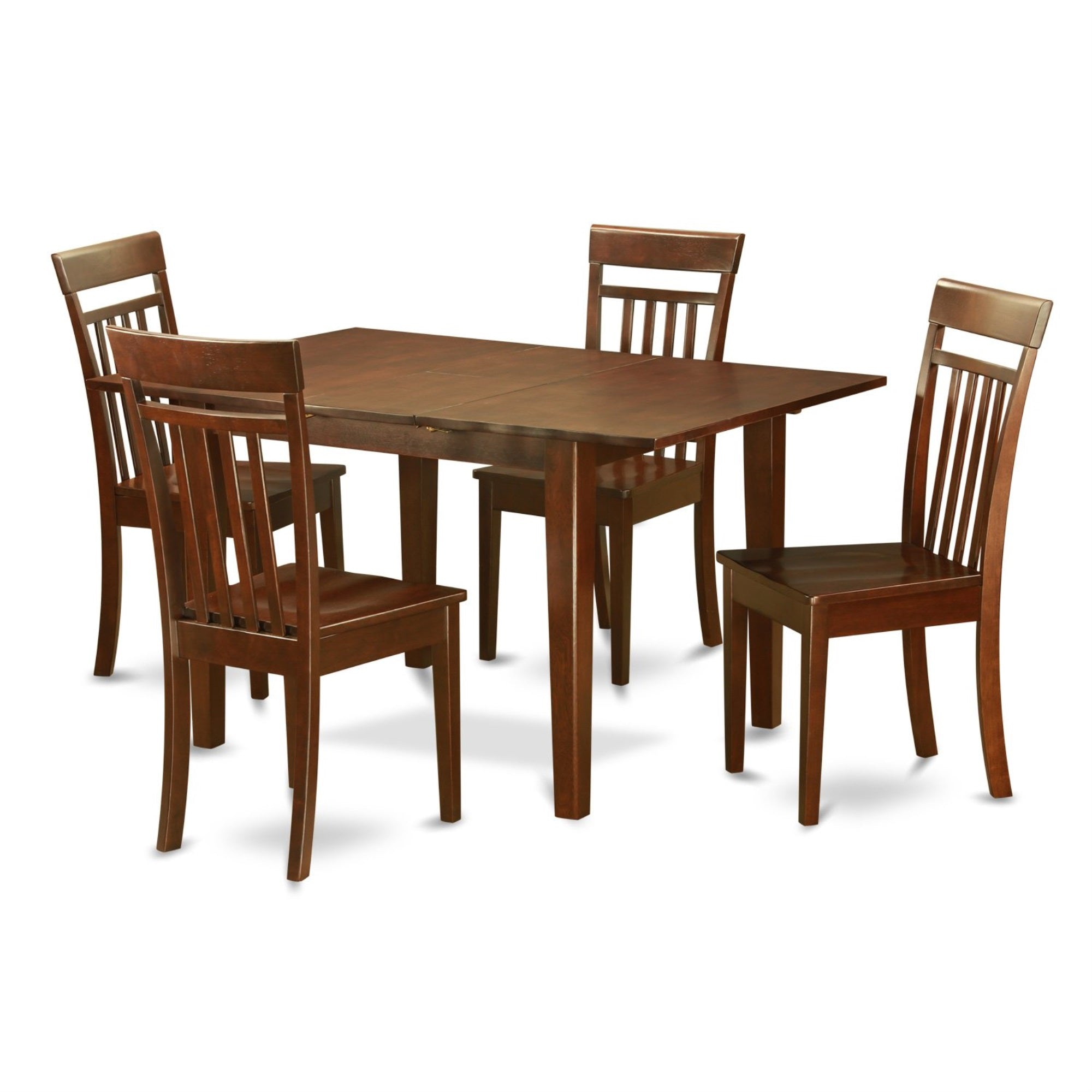 Contemporary Design, Rectangular Small Table, High-Quality Asian Hardwood, Extendable Leaf, 5-Piece Set, Mahogany Finish