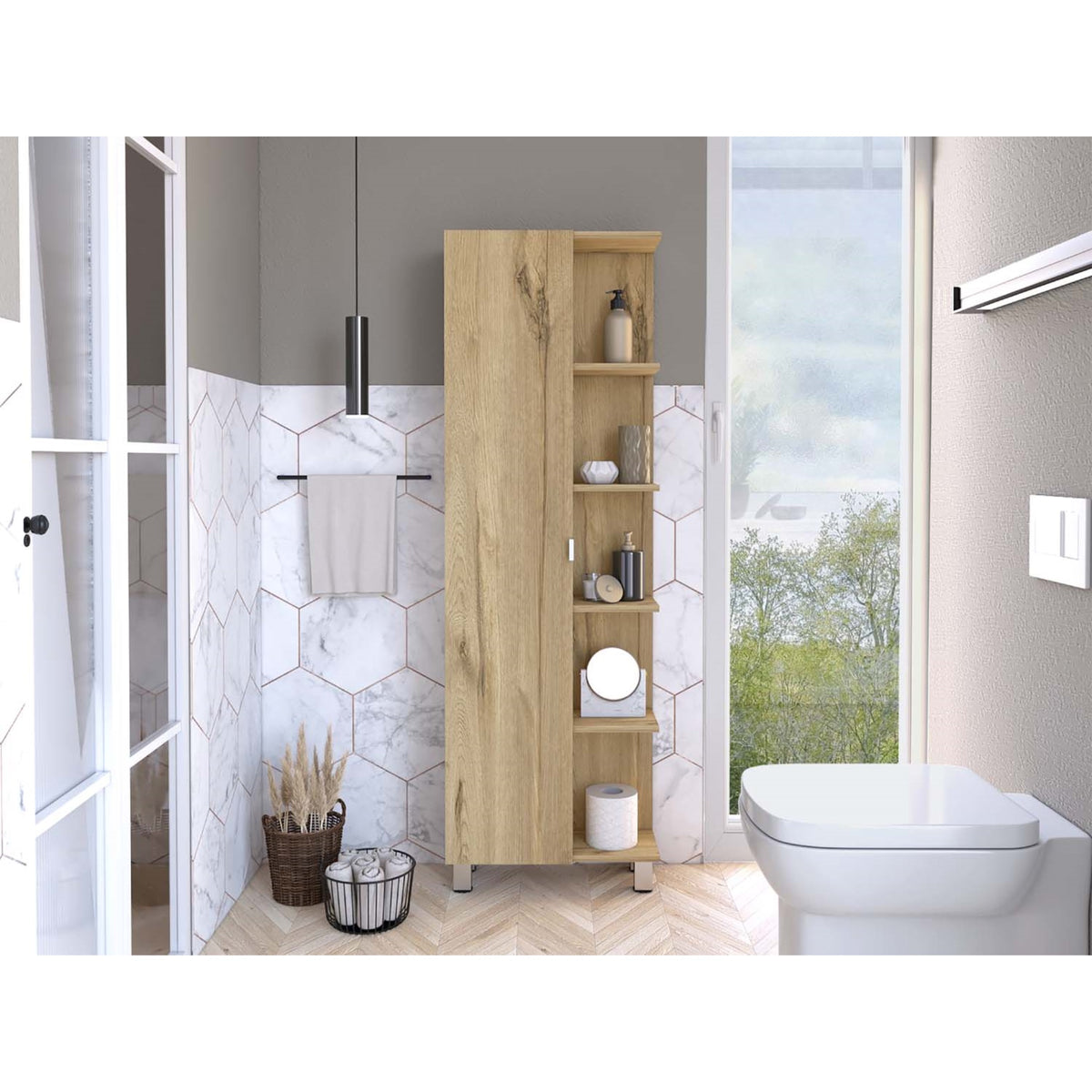 Tuhome Urano Mirror Linen Cabinet, Four Internal Shelves, Four Legs, Mirror Door Cabinet, Five External Shelves-Light Oak, For B