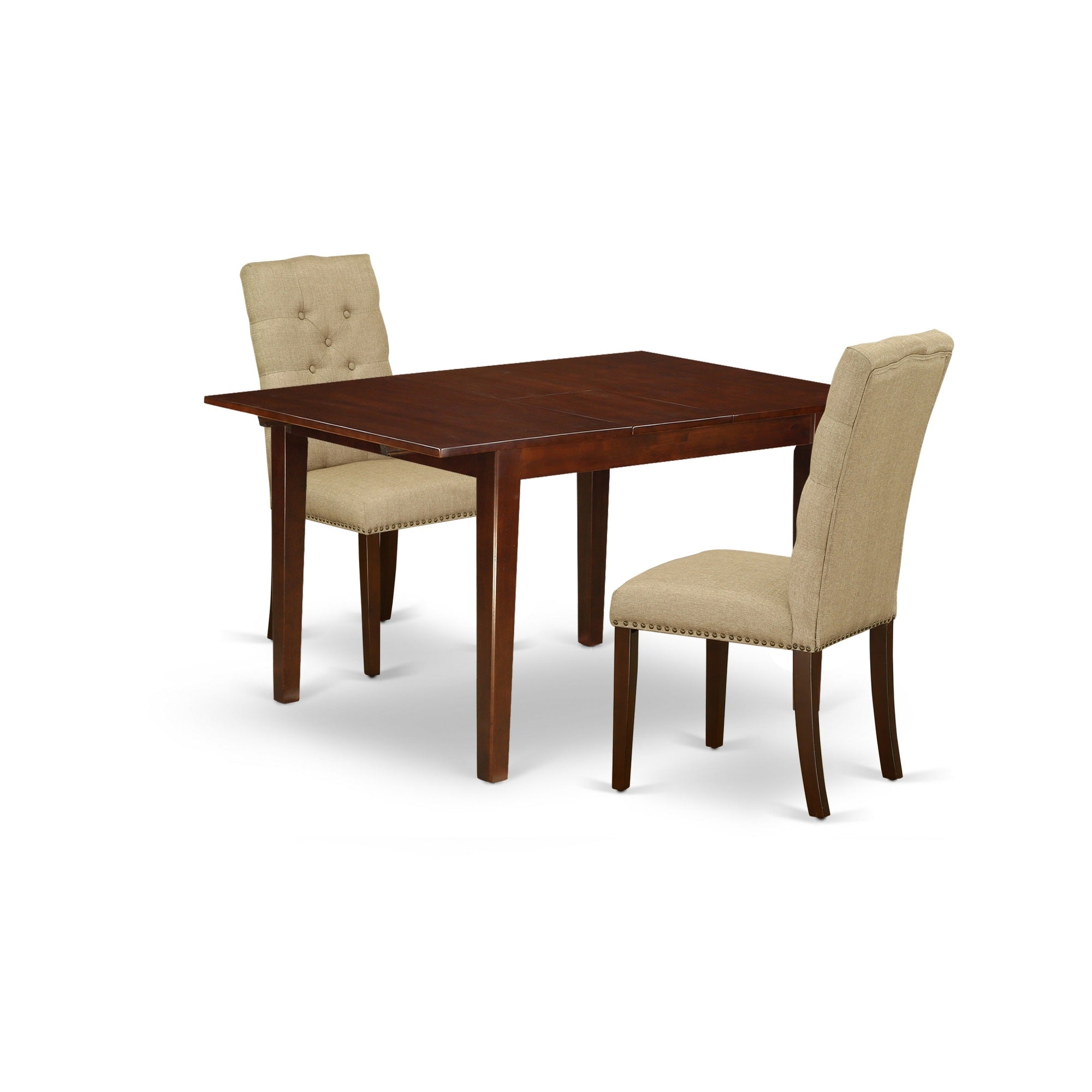 East West Furniture Mlel3-Mah-16 3-Pc Dining Set Included A Rectangular Dining Table With Butterfly Leaf & 2 Parson Dining Chairs, Dark Khaki Linen Fabric Parson Chairs Seat With Rubber Wood Legs, Mahogany Finish