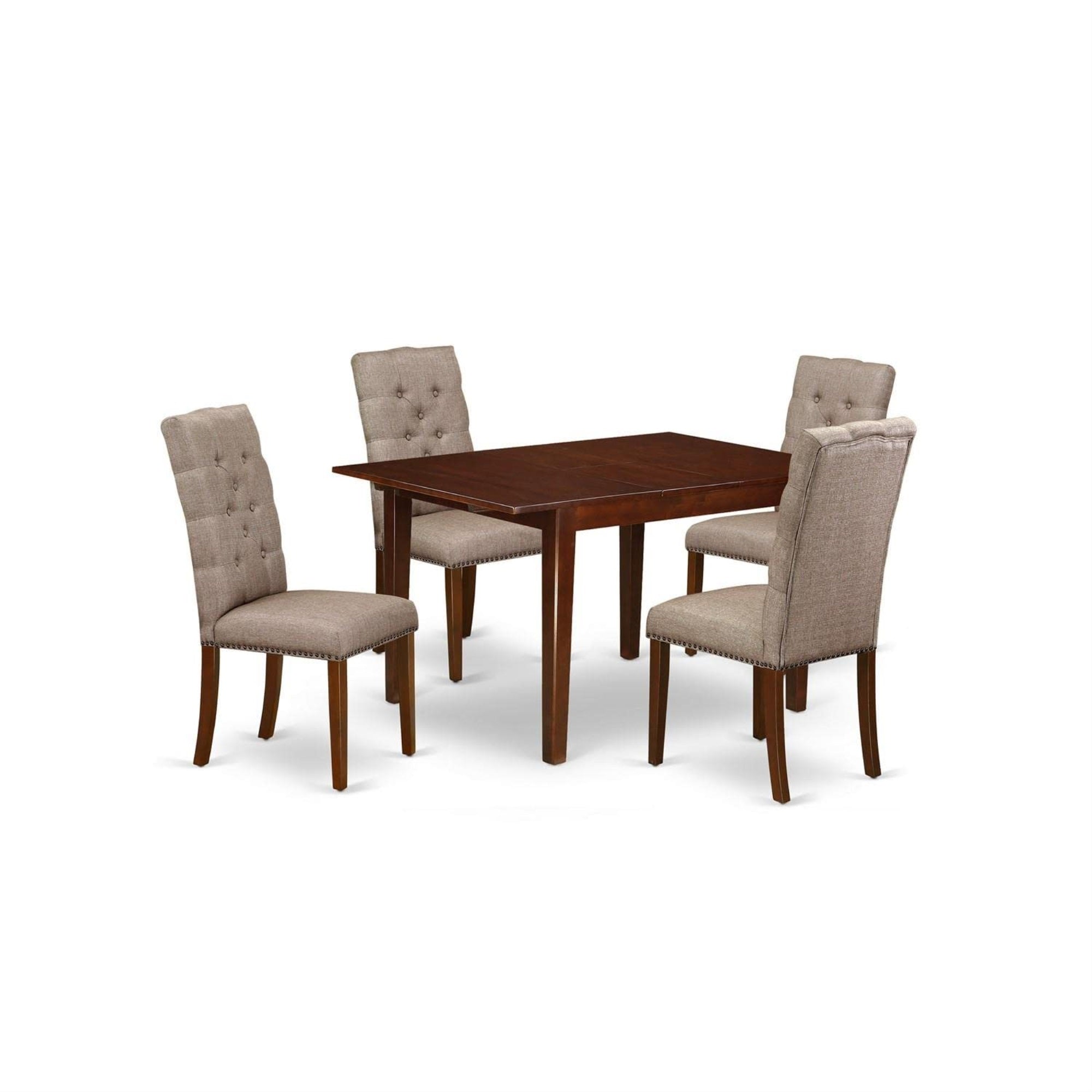 Casafoyer Mlel5-Mah-16 Milan 5 Piece Modern Dining Set Includes A Rectangle Wooden Table With  Leaf And 4 Dark Khaki Linen Fabric Parson Chairs, 36X54 Inch, Mahogany