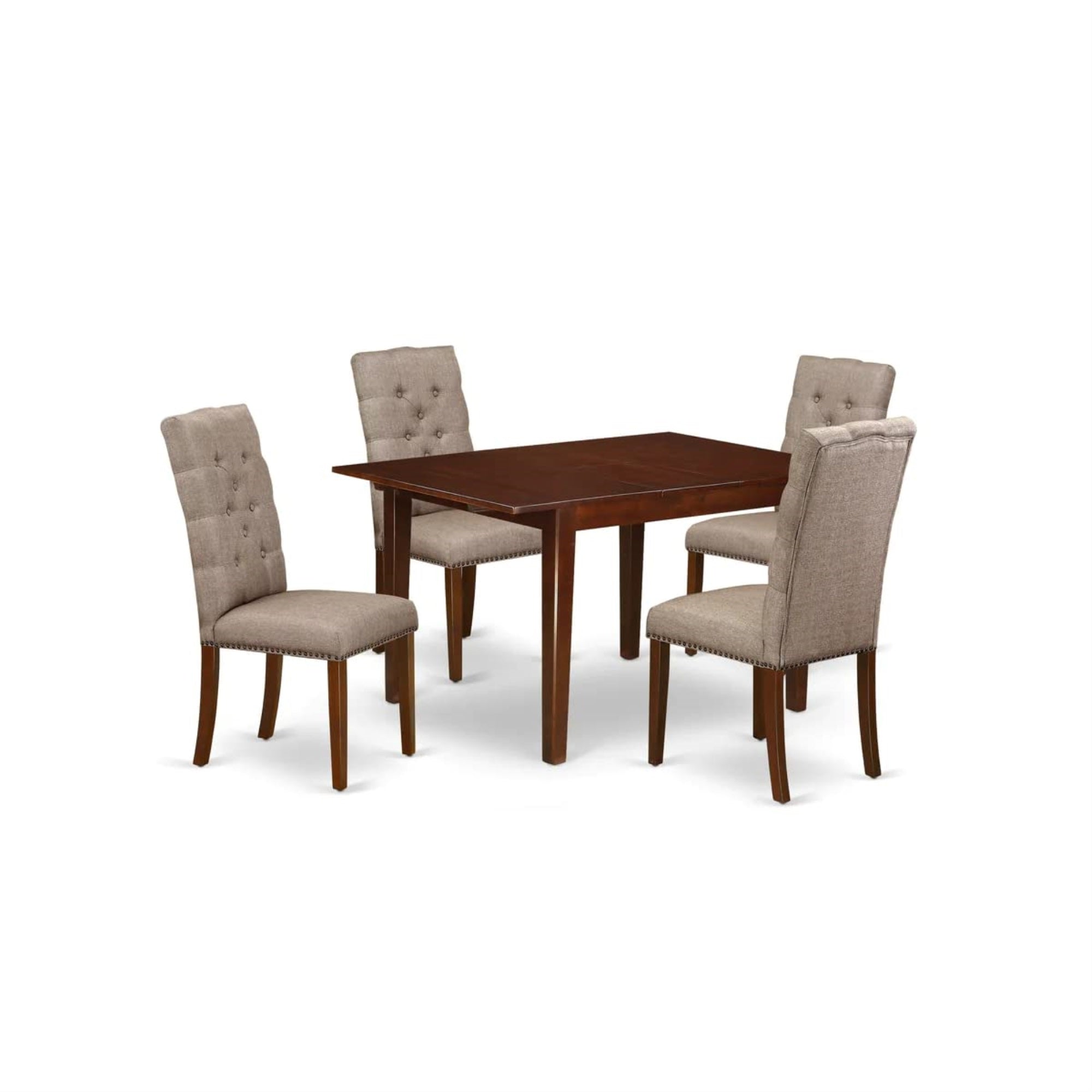 East West Furniture Mlel5-Mah-16 Milan 5 Piece Modern Dining Set Includes A Rectangle Wooden Table With Butterfly Leaf And 4 Dark Khaki Linen Fabric Parson Chairs, 36X54 Inch, Mahogany