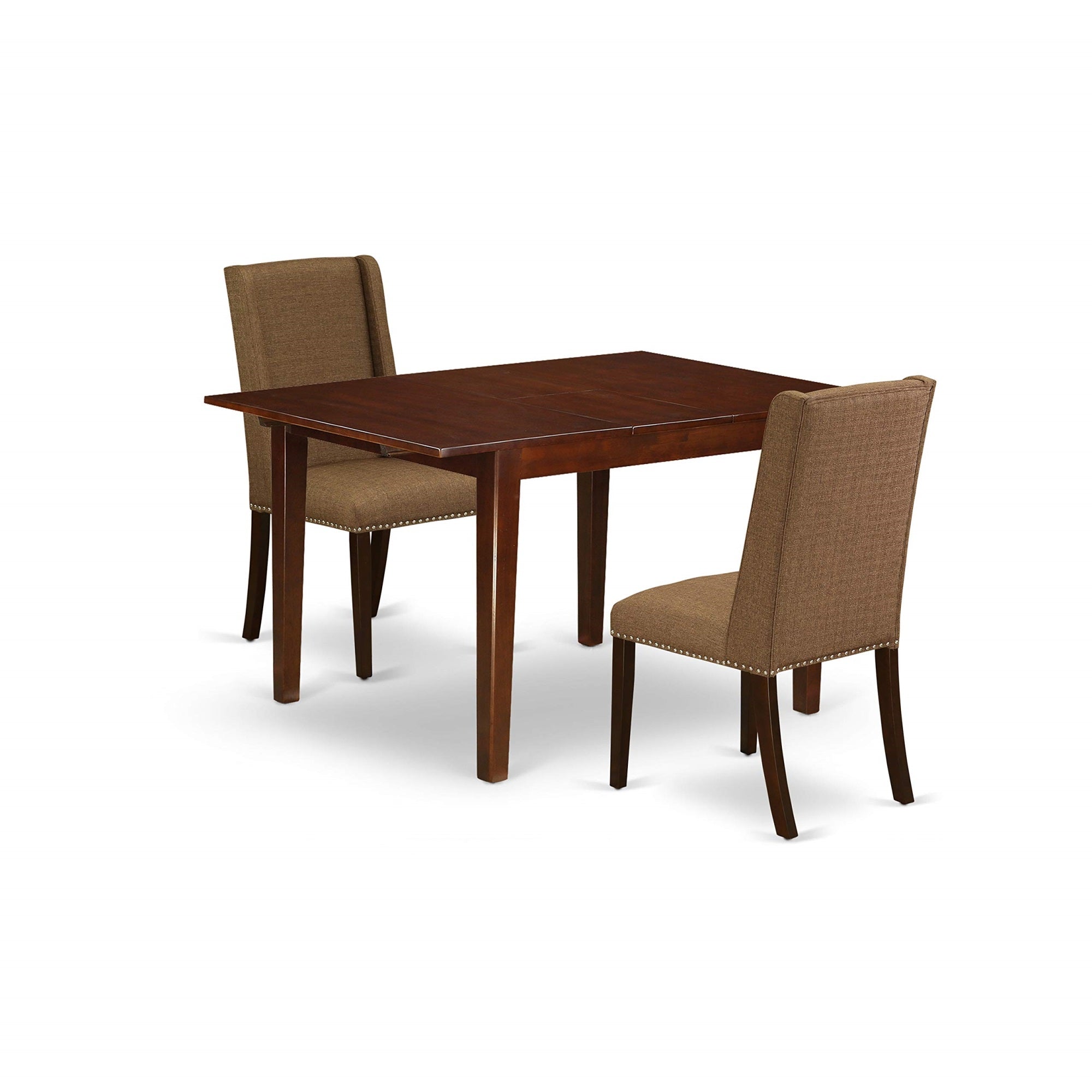 East West Furniture Mlfl3-Mah-18 Milan 3 Piece Dining Set Contains A Rectangle Dinner Table With Butterfly Leaf And 2 Brown Linen Fabric Upholstered Chairs, 36X54 Inch, Mahogany