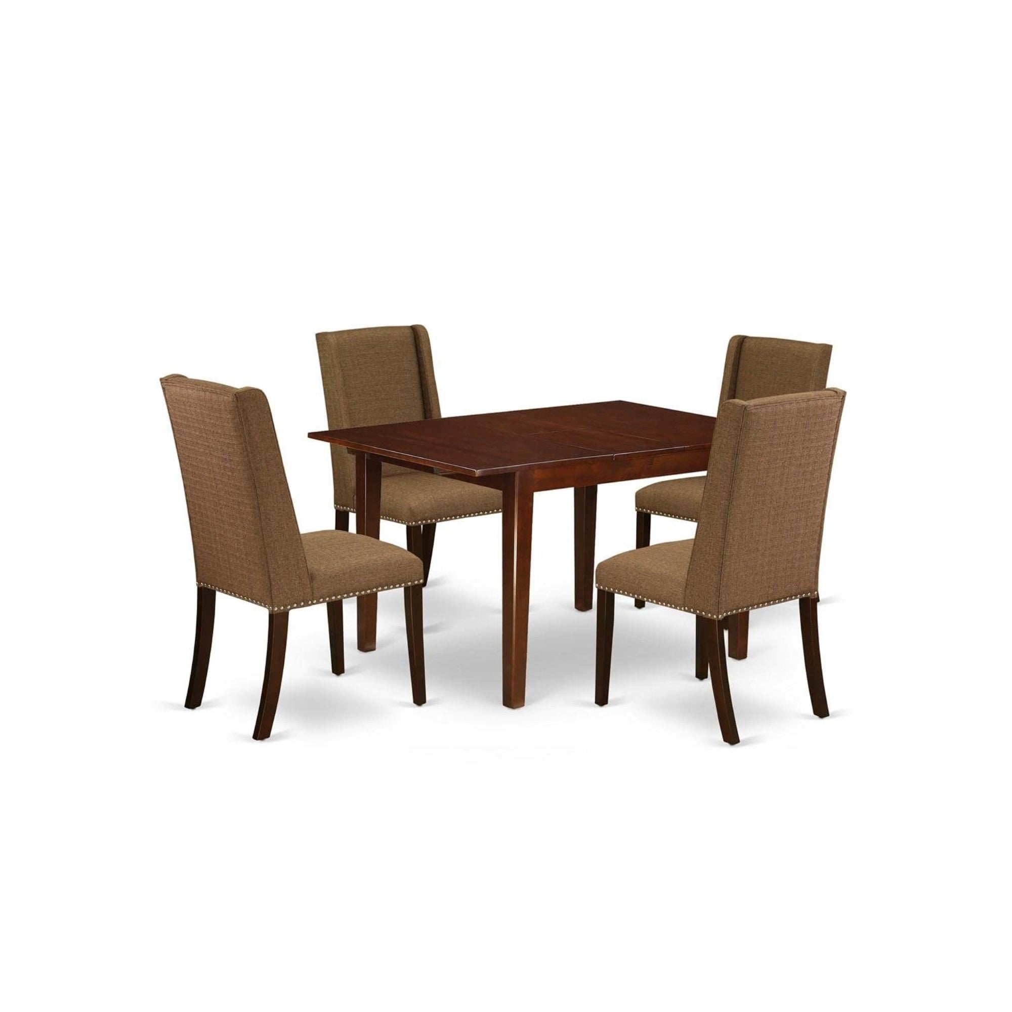 Casafoyer Milan 5 Piece Dining Room Set Includes A Rectangle Kitchen Table With  Leaf And 4 Brown Linen Fabric Parson Chairs, 36X54 Inch, Mahogany