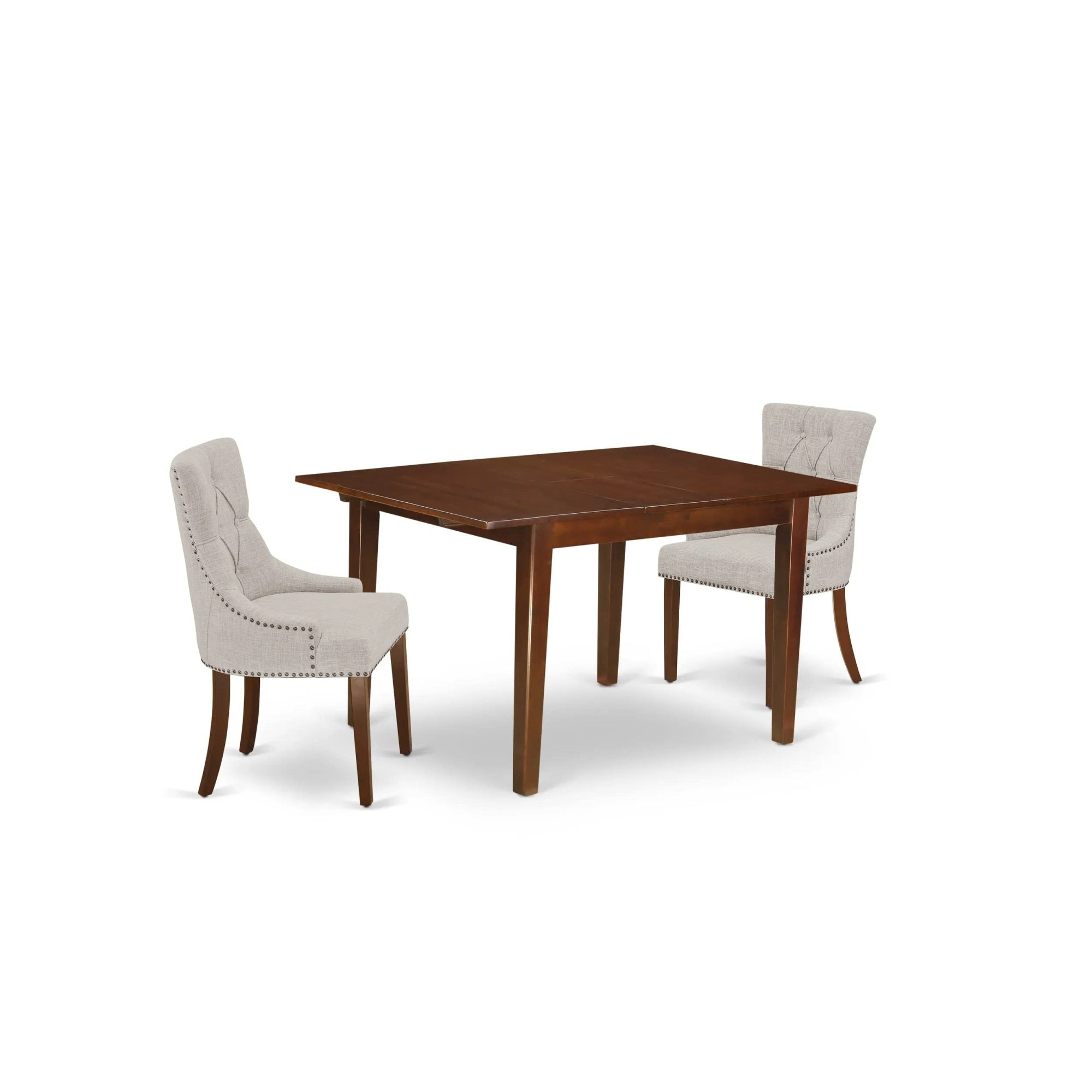 East West Furniture Mlfr3-Mah-05 Milan 3 Piece Set Contains A Rectangle Dining Room Table With Butterfly Leaf And 2 Doeskin Linen Fabric Parsons Chairs, 36X54 Inch