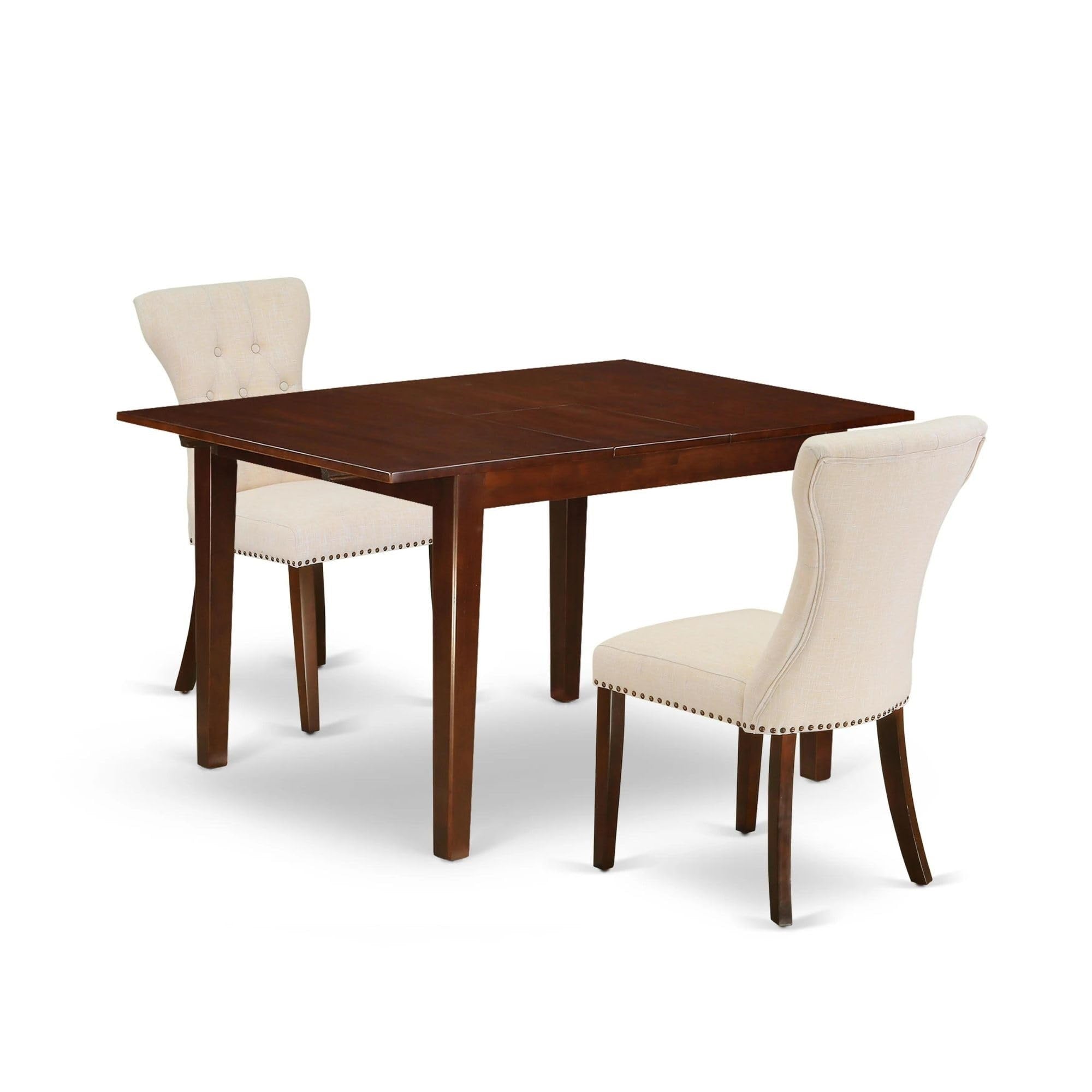 Casafoyer Mlga3-Mah-32 Milan 3 Piece Dining Room Set Contains A Rectangle Kitchen Table With  Leaf And 2 Light Beige Linen Fabric Parson Chairs, 36X54 Inch, Mahogany