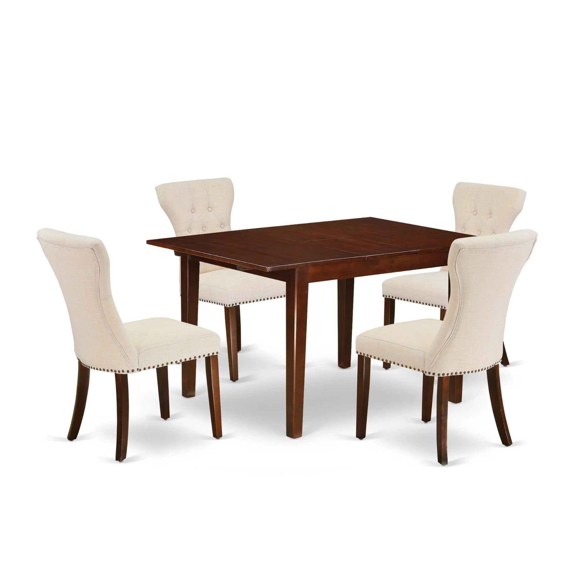Casafoyer Mlga5-Mah-32 Milan 5 Piece Modern Dining Set Includes A Rectangle Wooden Table With  Leaf And 4 Light Beige Linen Fabric Parson Chairs, 36X54 Inch, Mahogany