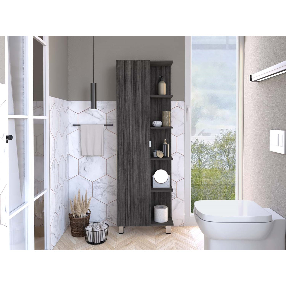 Tuhome Urano Mirror Linen Cabinet, Four Internal Shelves, Four Legs, Mirror Door Cabinet, Five External Shelves-Smoky Oak, For B