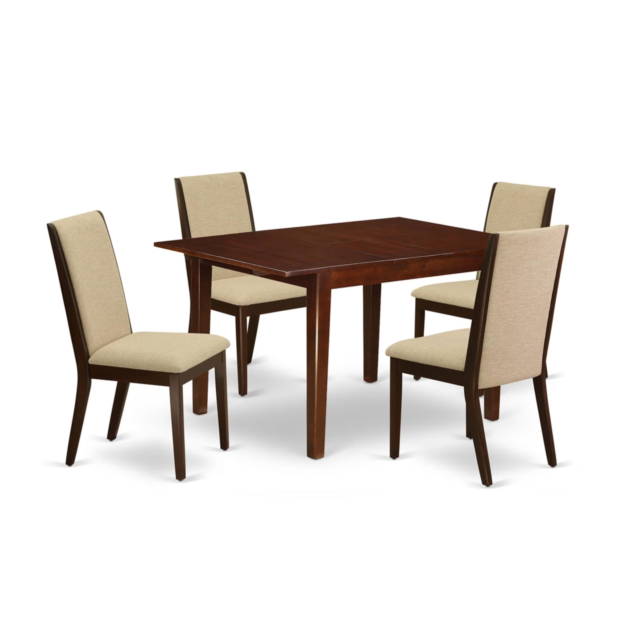 Casafoyer Mlla5-Mah-04 Milan 5 Piece Kitchen Set For 4 Includes A Rectangle  Leaf Dining Table And 4 Light Tan Linen Fabric Upholstered Chairs, 36X54 Inch, Mahogany