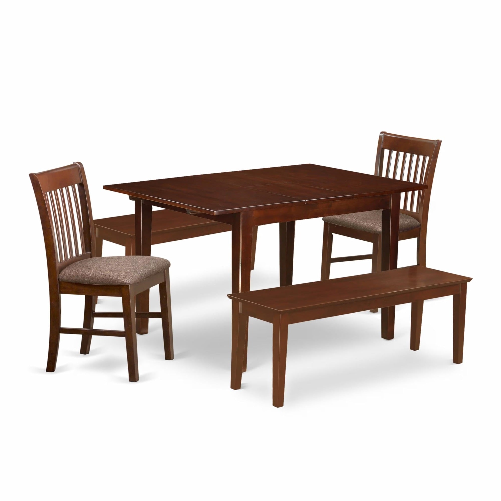 Casafoyer Mlno5C-Mah-C Milan 5 Piece Set Includes A Rectangle Dining Room Table With  Leaf And 2 Linen Fabric Kitchen Chairs With 2 Benches, 36X54 Inch, Mahogany