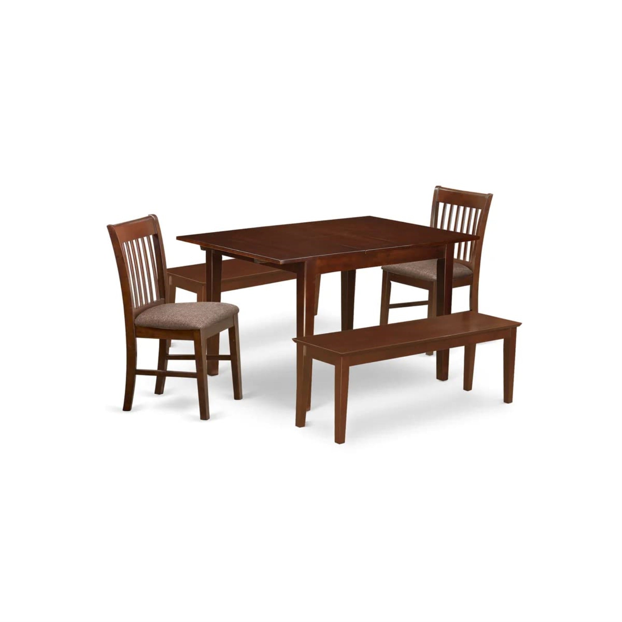 Ergode Mlno5C-Mah-C, Milan 5 Piece Set, Rectangle Dining Table With Butterfly Leaf, 2 Linen Fabric Kitchen Chairs, 2 Benches, 36X54 Inch, Mahogany