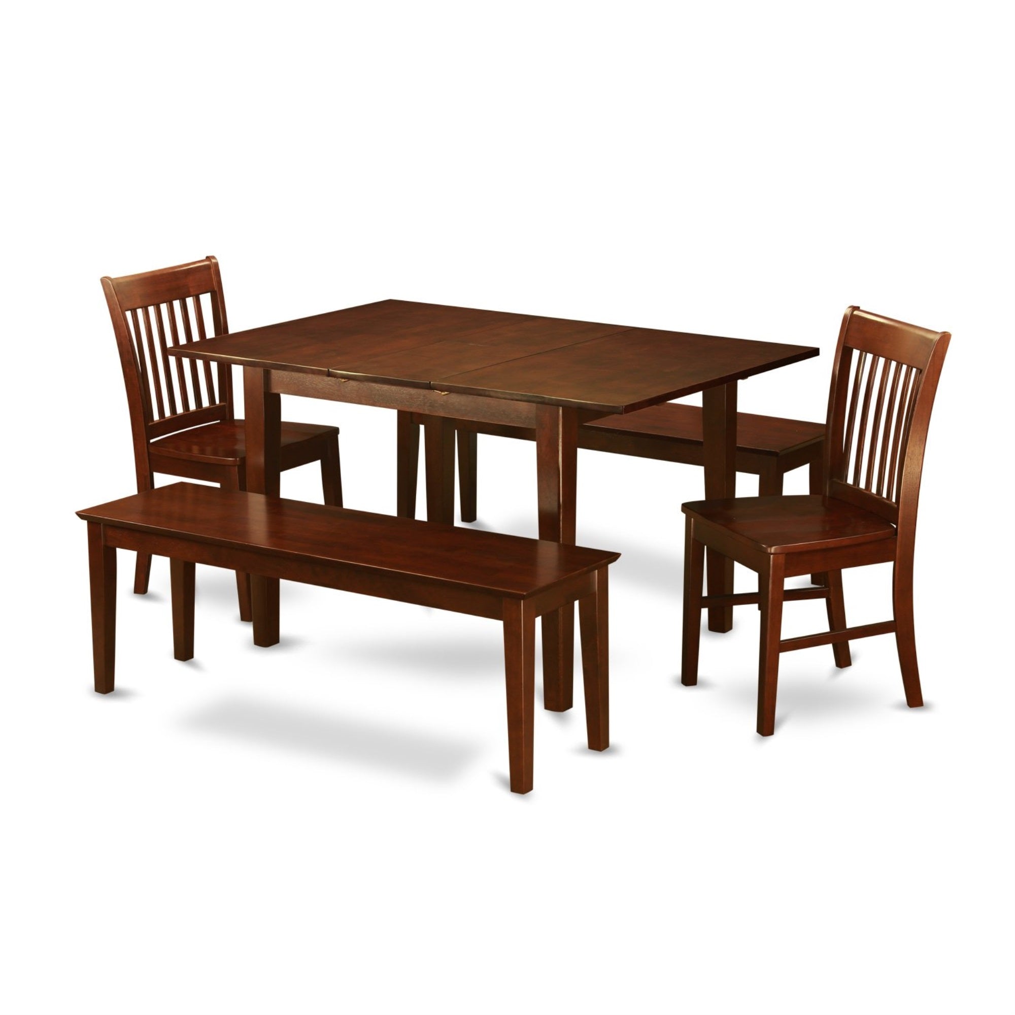 Ergode Mlno5C-Mah-W, Milan 5 Piece Dining Set, Rectangle Kitchen Table With Butterfly Leaf, 2 Dining Chairs & 2 Benches, Mahogany