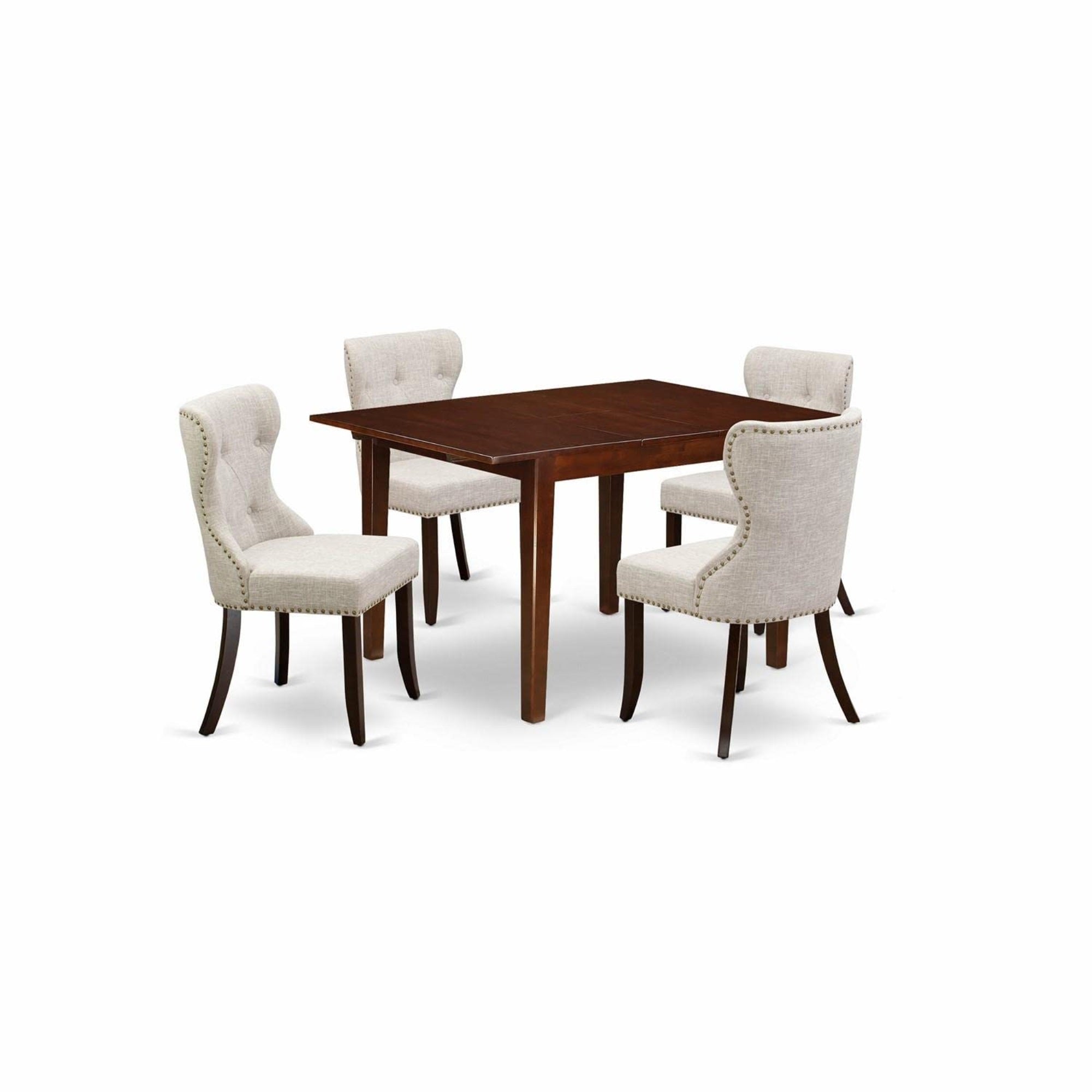 Casafoyer Mlsi5-Mah-35 5 Piece Dining Table Set Includes A Rectangle Kitchen Table With  Leaf And 4 Doeskin Linen Fabric Upholstered Chairs, 36X54 Inch, Mahogany