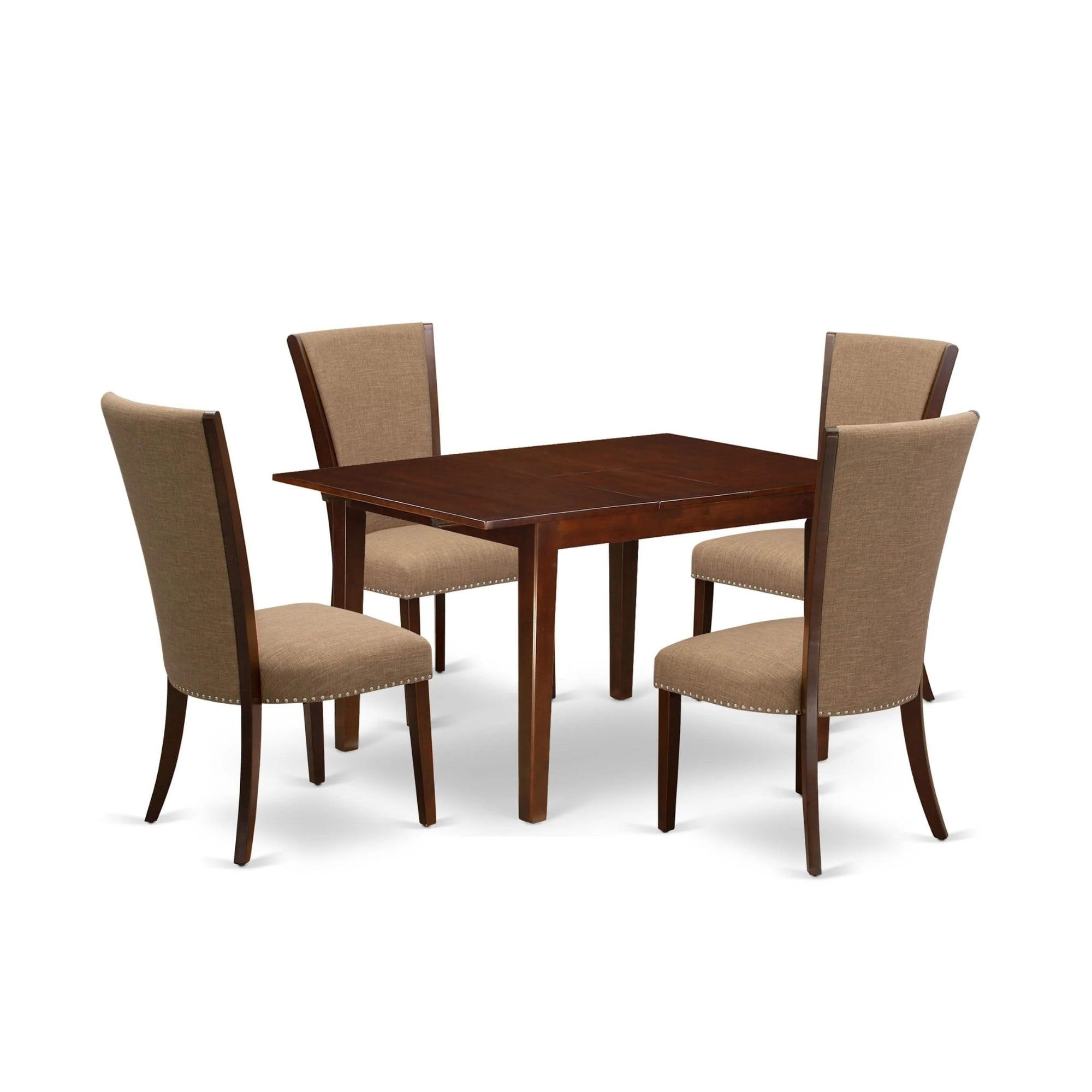 Casafoyer Mlve5-Mah-47 5 Piece Dining Room Set Includes A Rectangle Wooden Table With  Leaf And 4 Light Sable Linen Fabric Parsons Dining Chairs, 36X54 Inch, Mahogany