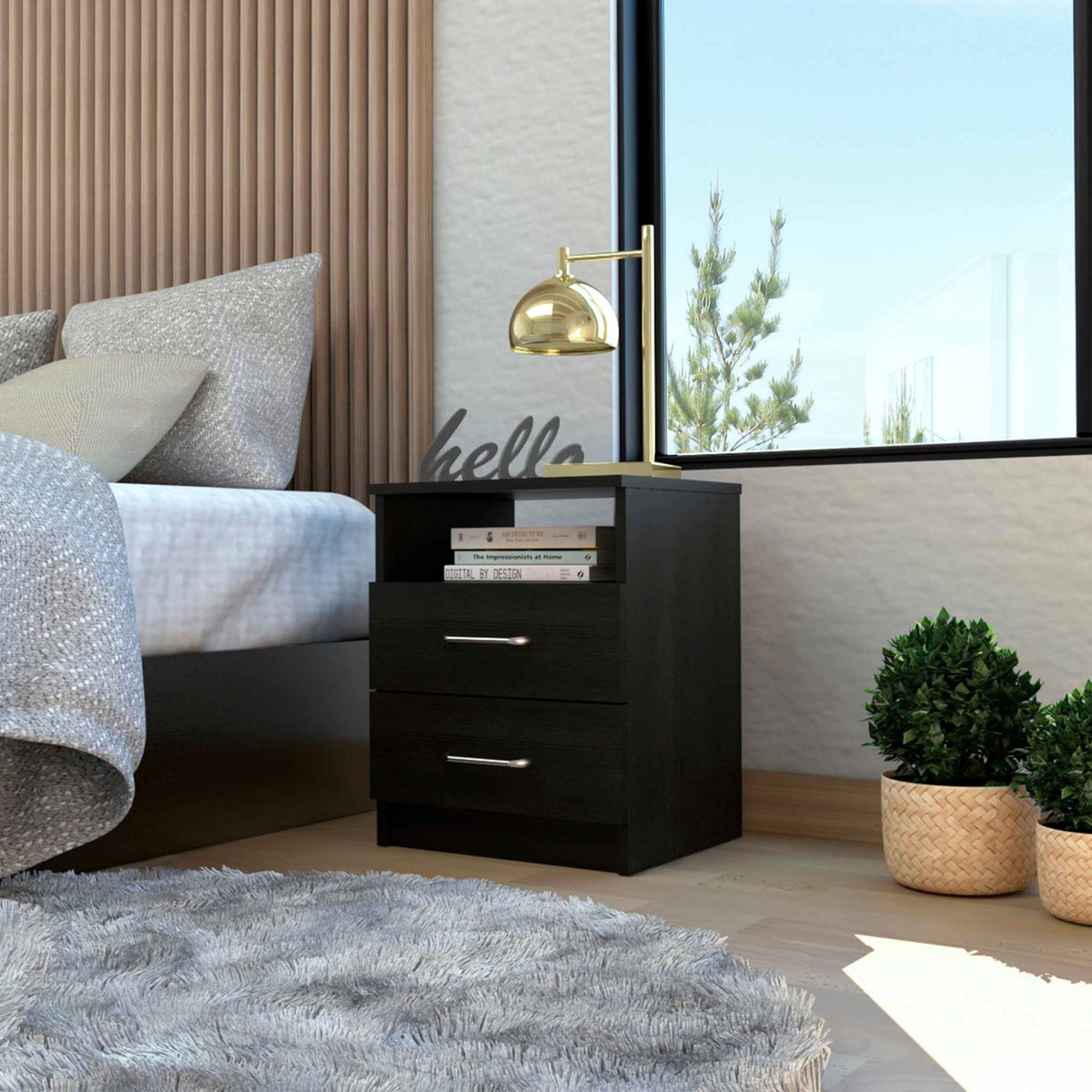 Tuhome Napoles Night Stand, Countertop, Two Drawers, One Shelf- Black, For Bedroom