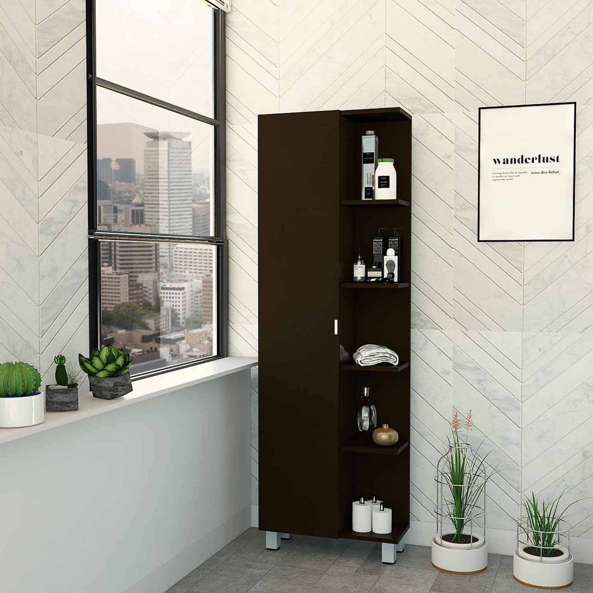 Tuhome Urano Mirror Linen Cabinet, Four Internal Shelves, Four Legs, Mirror Door Cabinet, Five External Shelves-Black, For Bathr