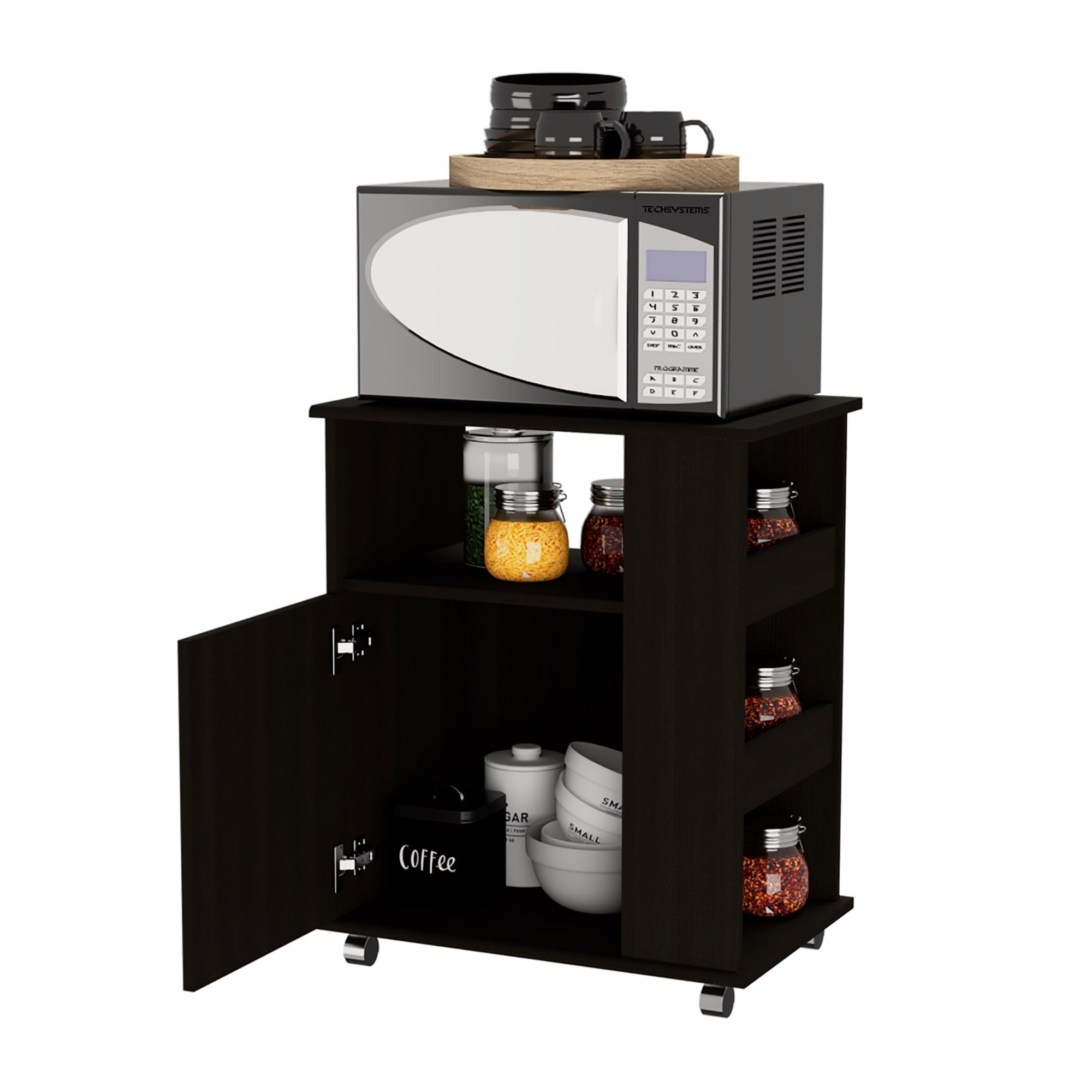 Tuhome Kit Lower Microwave Cabinet, One-Door Cabinet, Three Lateral Shelves, Two Internal Shelves, Countertop For Microwave, Bla