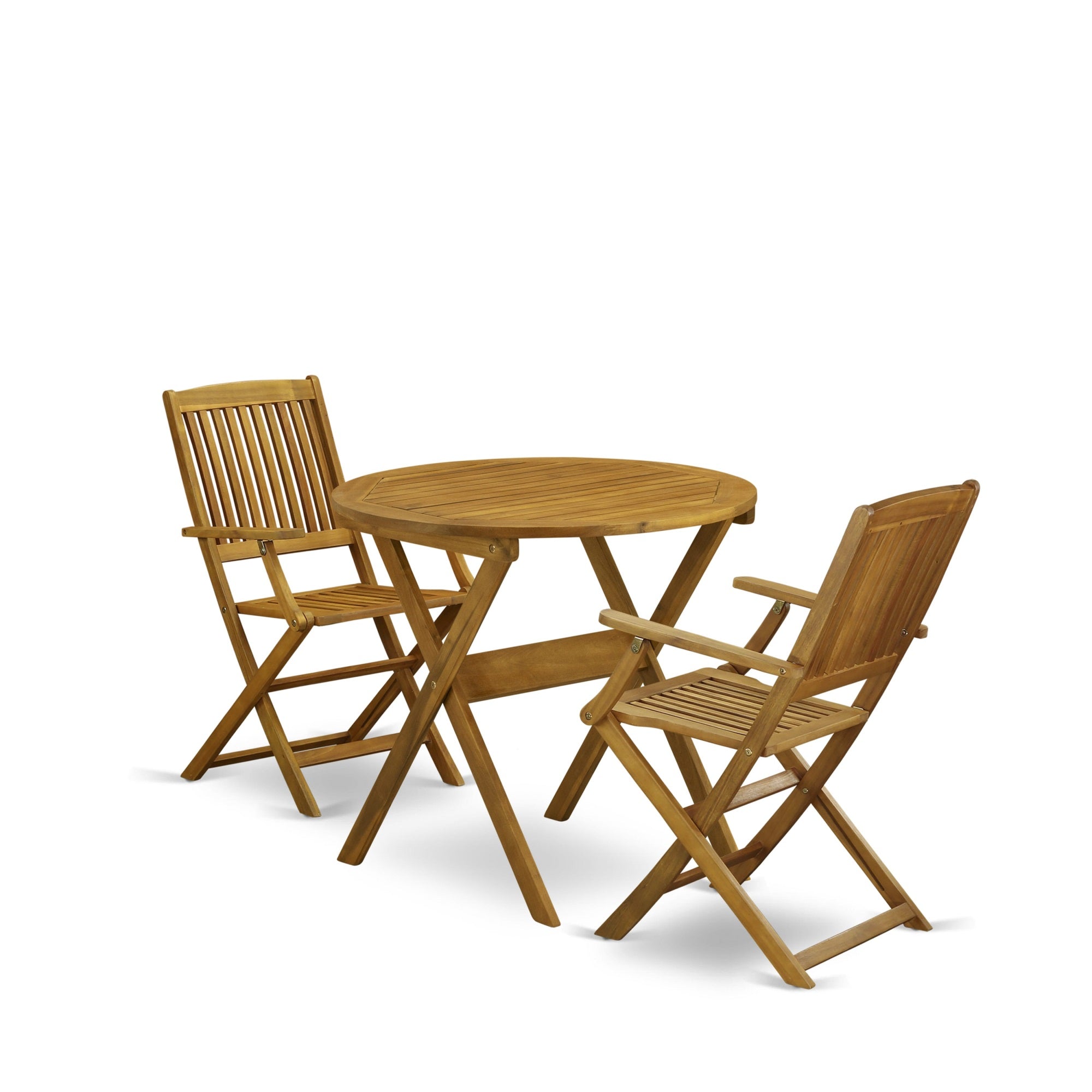 East West Furniture Mncm3Cana 3-Pc Outdoor Bistro Set Contains A Wood Folding Table And 2 Outdoor Folding Chairs Suitable For Garden, Terrace, Bistro, And Porch - Natural Oil Finish