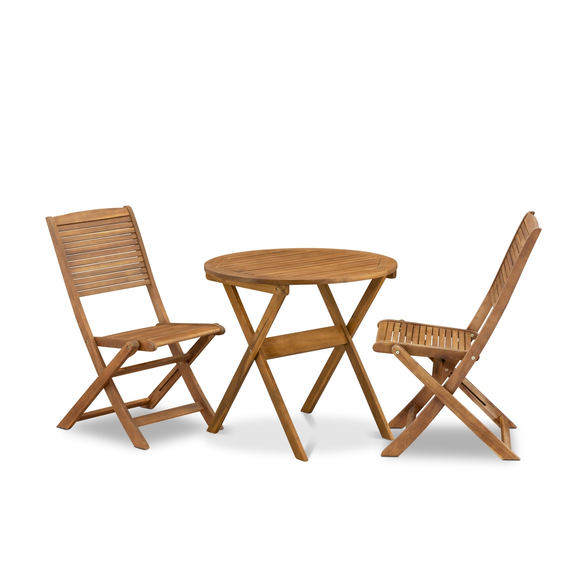 East West Furniture Mnfm3Cwna 3 Piece Outdoor Conversation Bistro Set Consist Of A Round Acacia Wood Coffee Table And 2 Folding Side Chairs, 30X30 Inch, Natural Oil