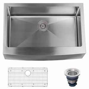 Miseno Farmhouse 30 Single Basin Stainless Steel Kitchen Sink With Apron Front - Drain Assembly And Fitted Basin Rack Included