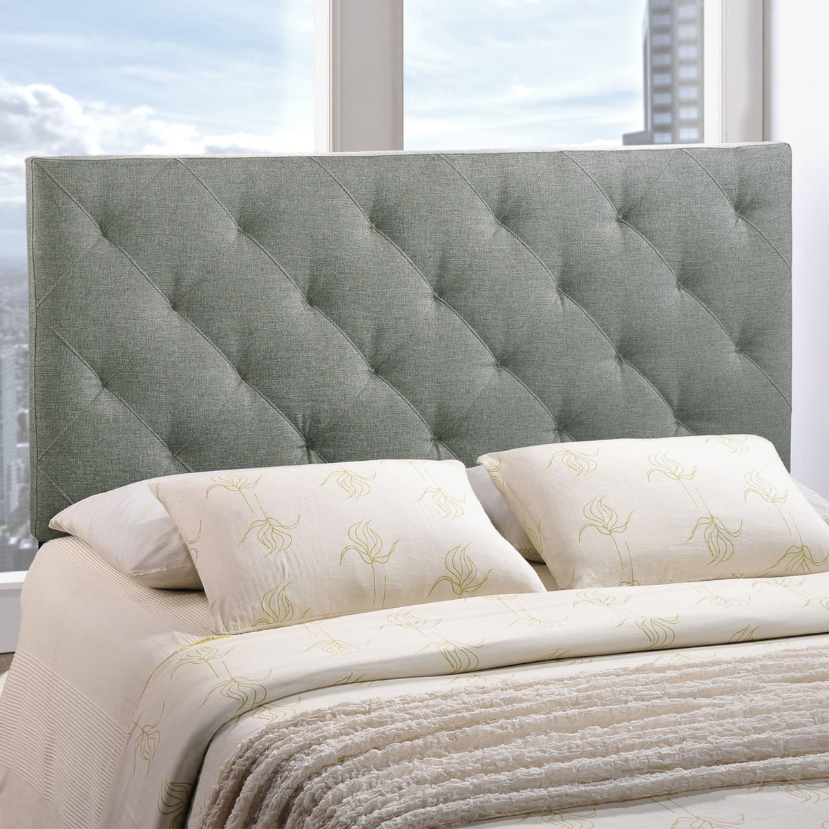 Casafoyer Theodore Tufted Diamond Pattern Linen Fabric Upholstered Queen Headboard In Gray