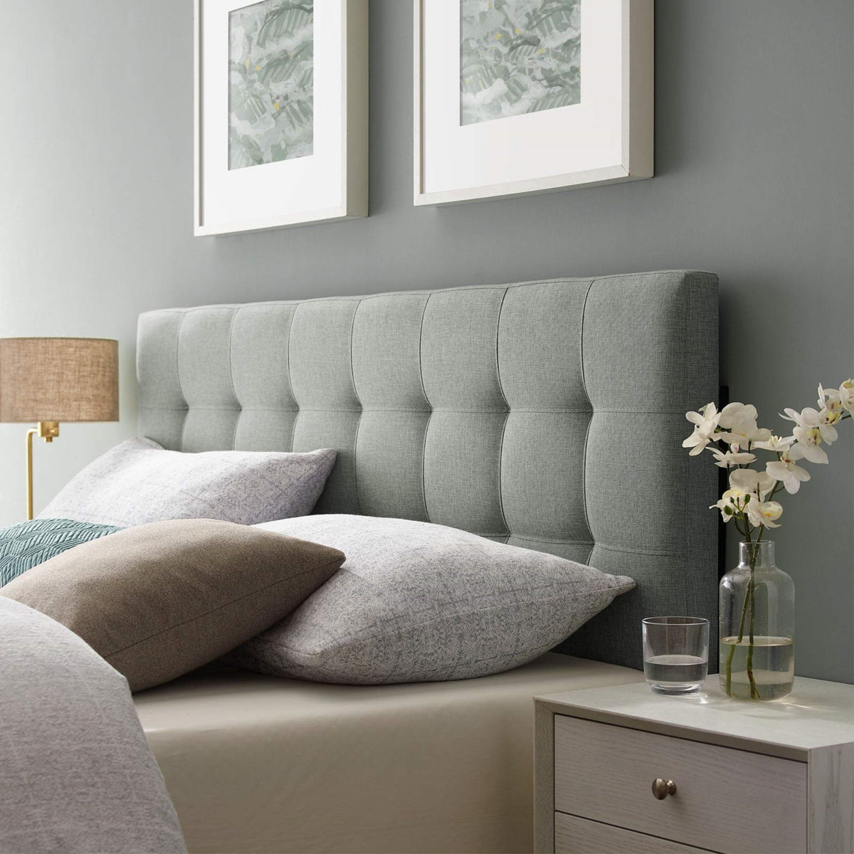 Casafoyer Amz-5041 Lily Tufted Linen Fabric Upholstered Queen Headboard In Gray