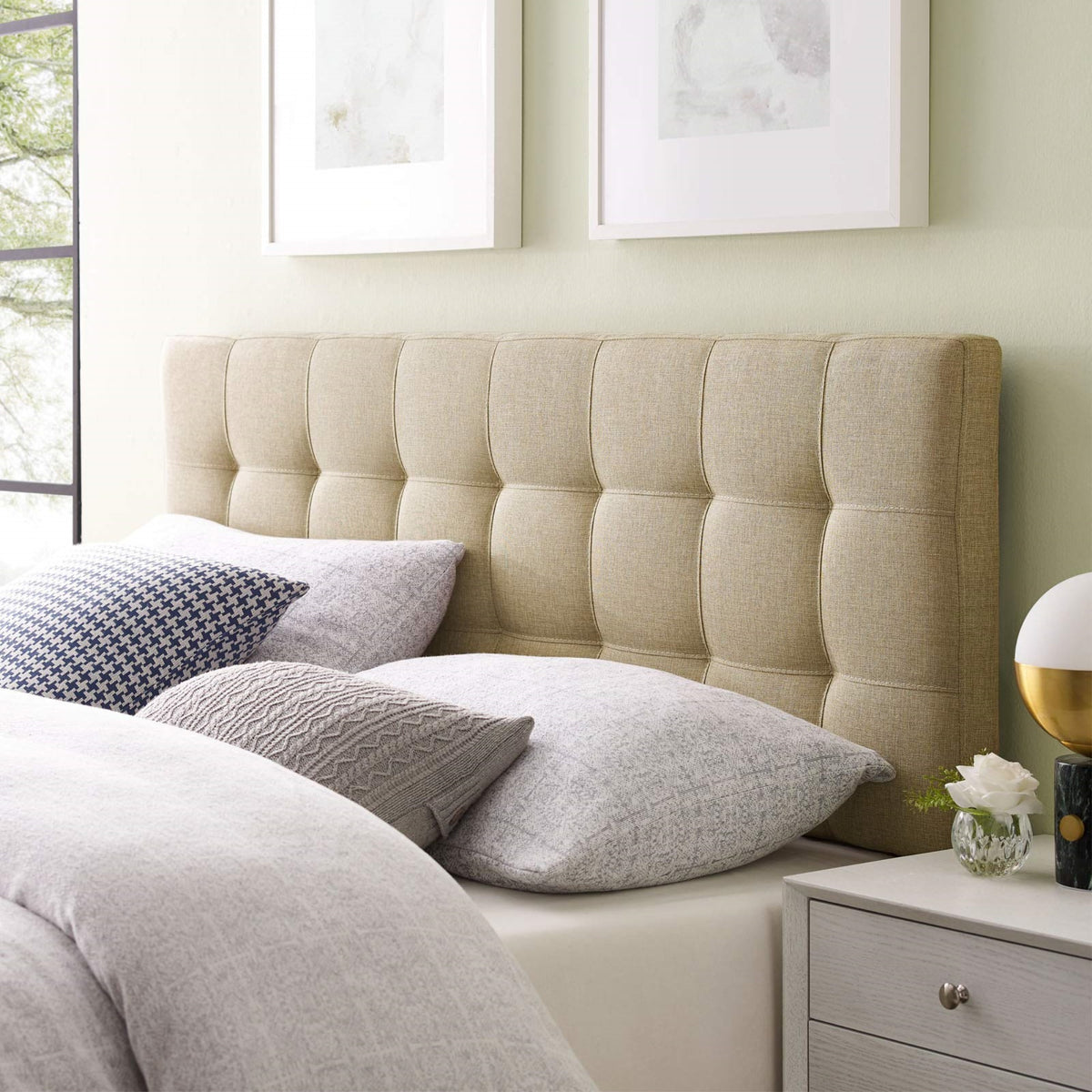Casafoyer Lily Tufted Linen Fabric Upholstered King Headboard In Beige