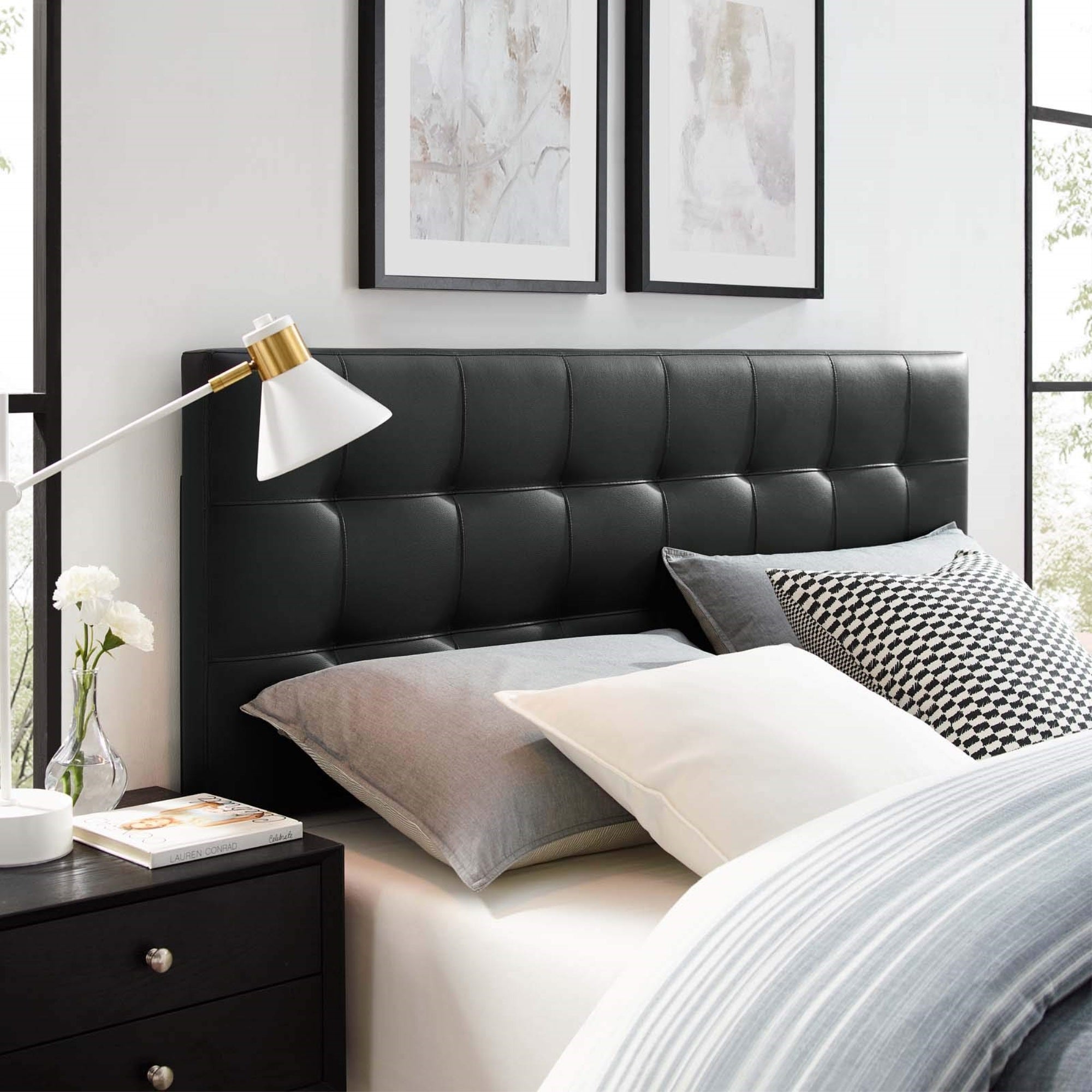 Casafoyer Lily Tufted Faux Leather Upholstered King Headboard In Black