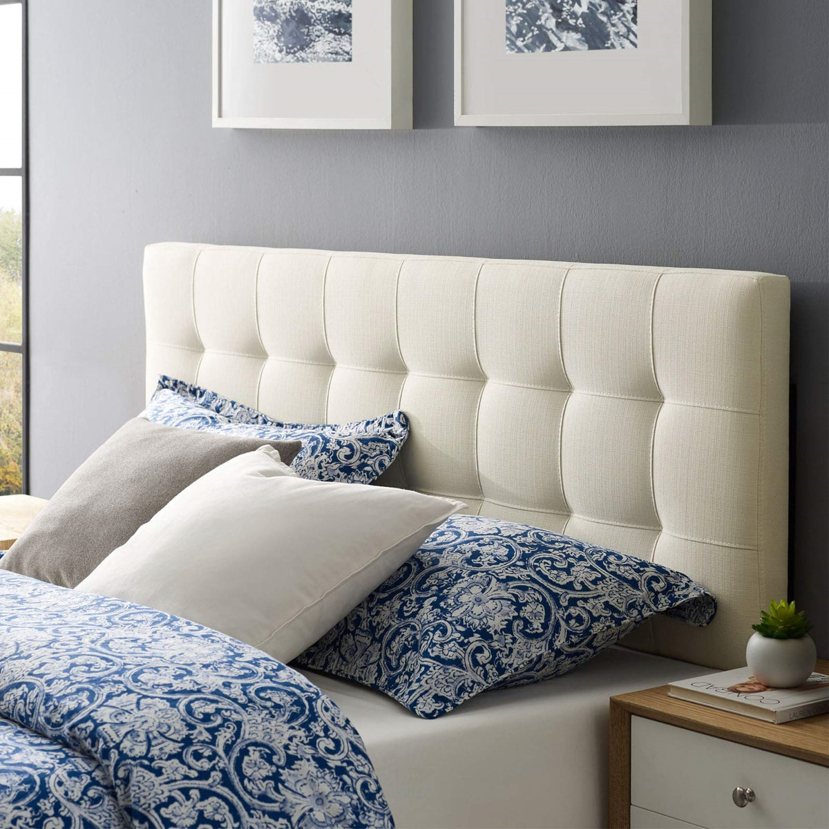Casafoyer Lily Tufted Linen Fabric Upholstered Full Headboard In Ivory