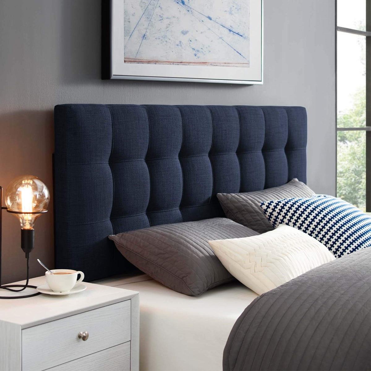 Casafoyer Lily Tufted Linen Fabric Upholstered Full Headboard In Navy