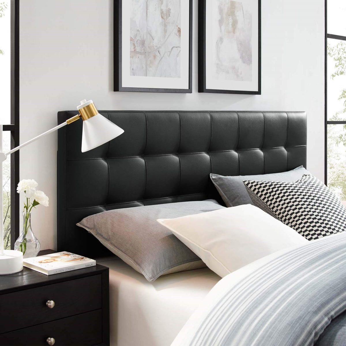 Casafoyer Lily Tufted Faux Leather Upholstered Full Headboard In Black