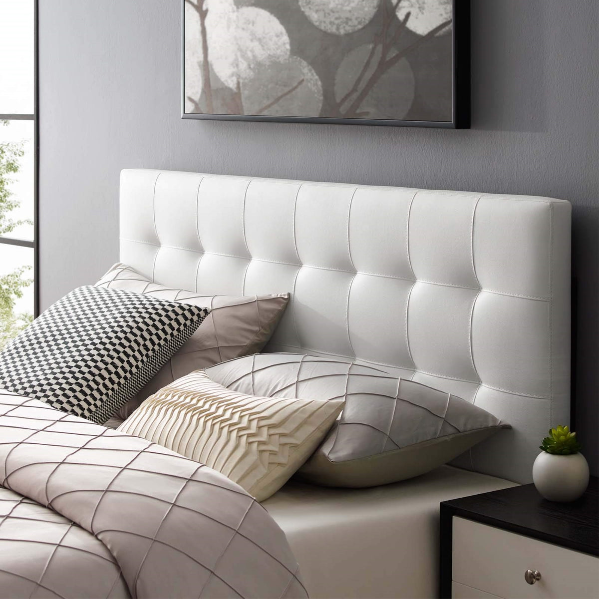 Casafoyer Lily Tufted Faux Leather Upholstered Full Headboard In White