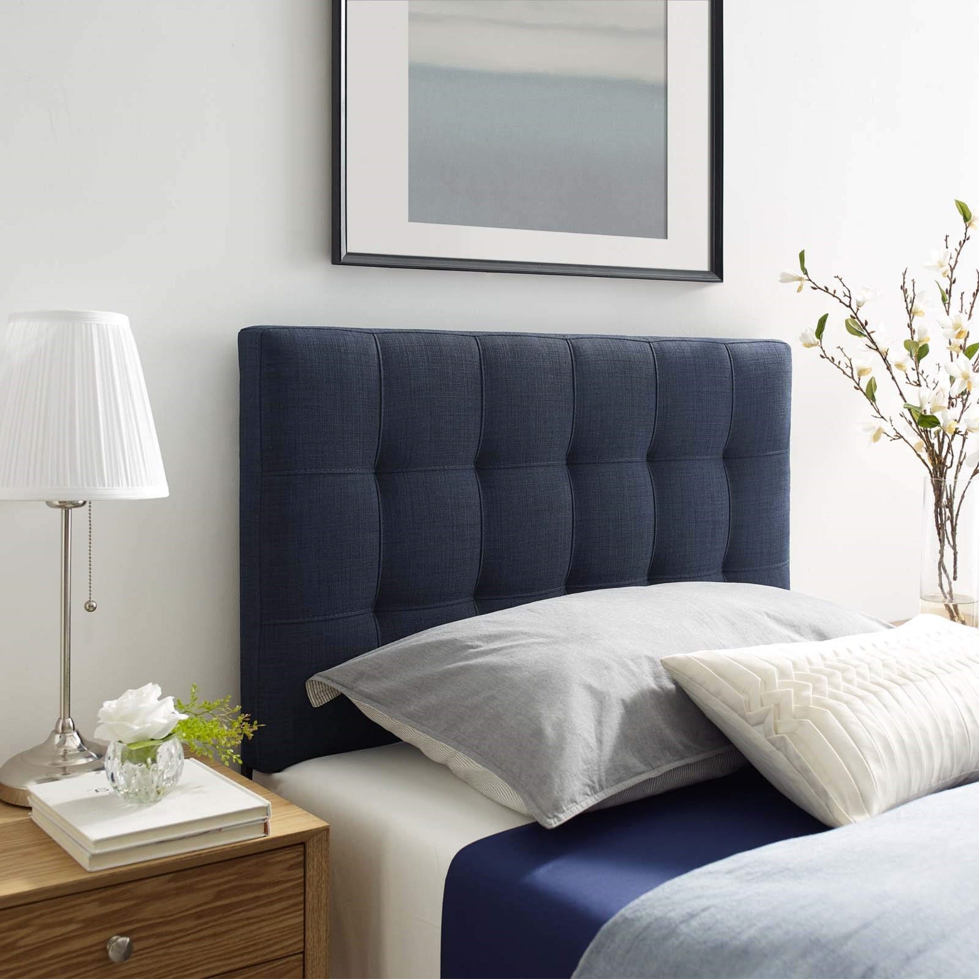 Casafoyer Lily Tufted Linen Fabric Upholstered Twin Headboard In Navy