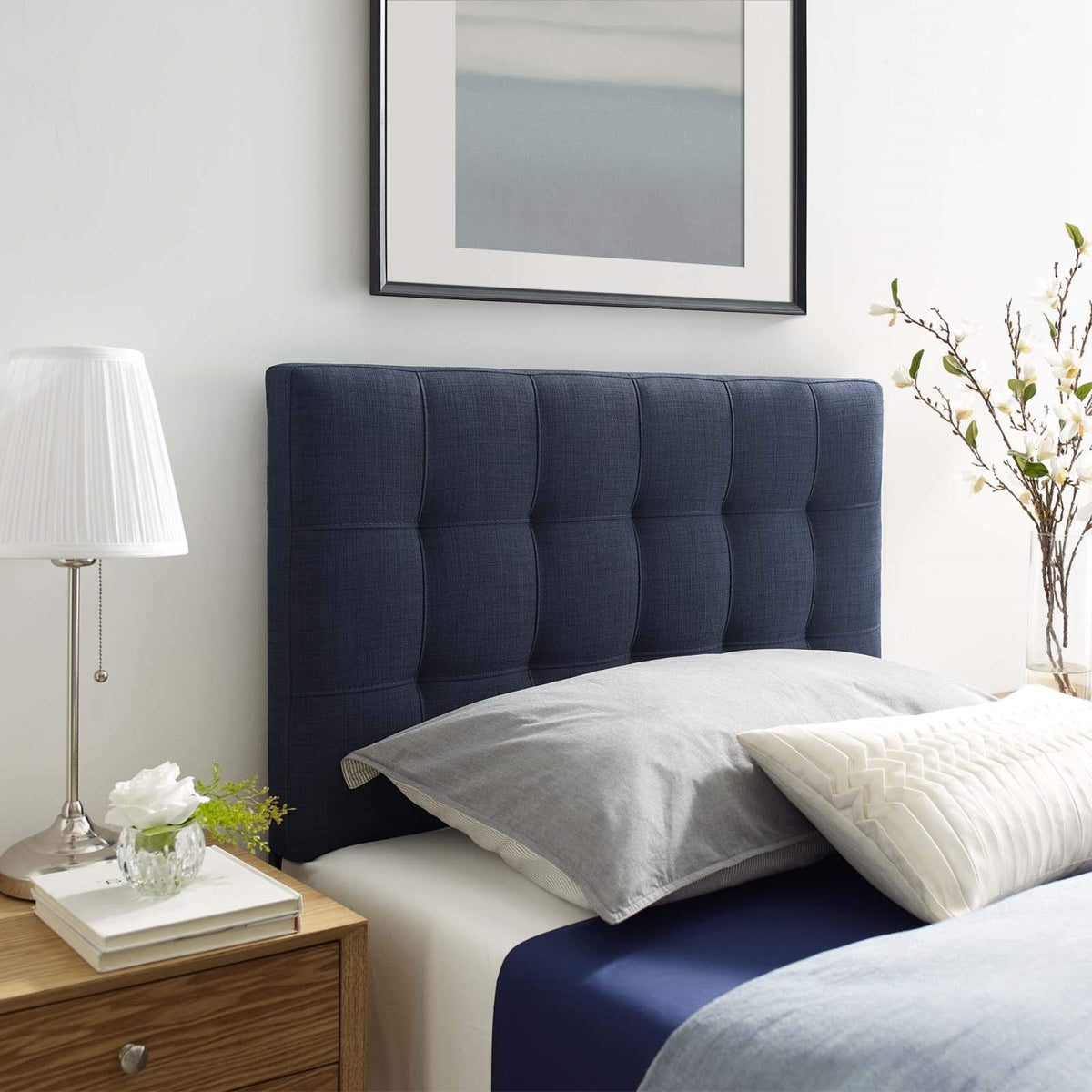 Casafoyer Lily Tufted Linen Fabric Upholstered Twin Headboard In Navy